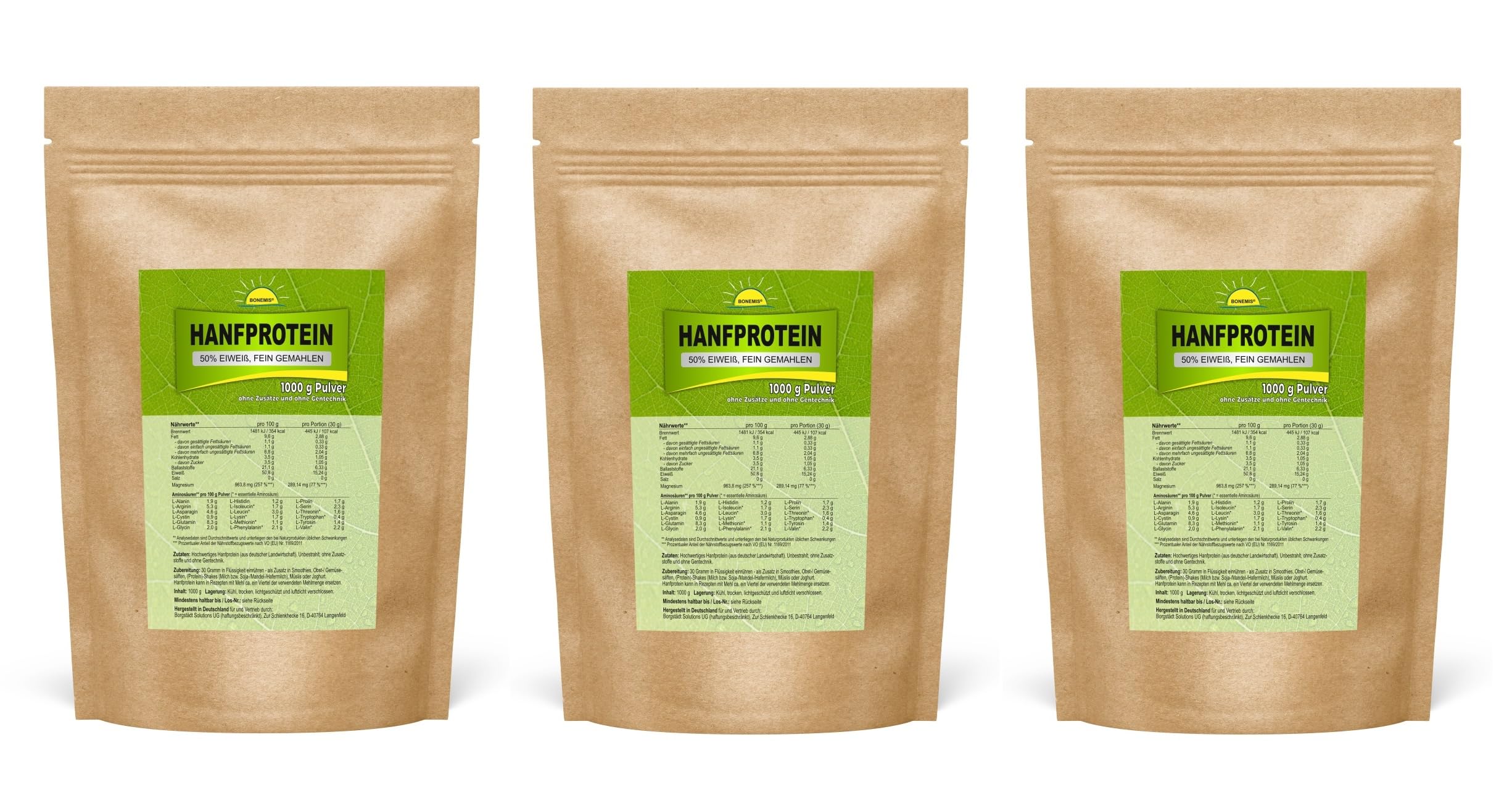 Hanfprotein (50% Eiweiß, 18 Aminosäuren + Magnesium, vegane Premiumqualität), 3x 1kg Beutel, ohne Zusatzstoffe, aus deutscher Landwirtschaft, Bonemis®