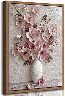 Framed Pink Floral Canvas Wall Art Abstract Flowers Plant Bouquet in Vas...