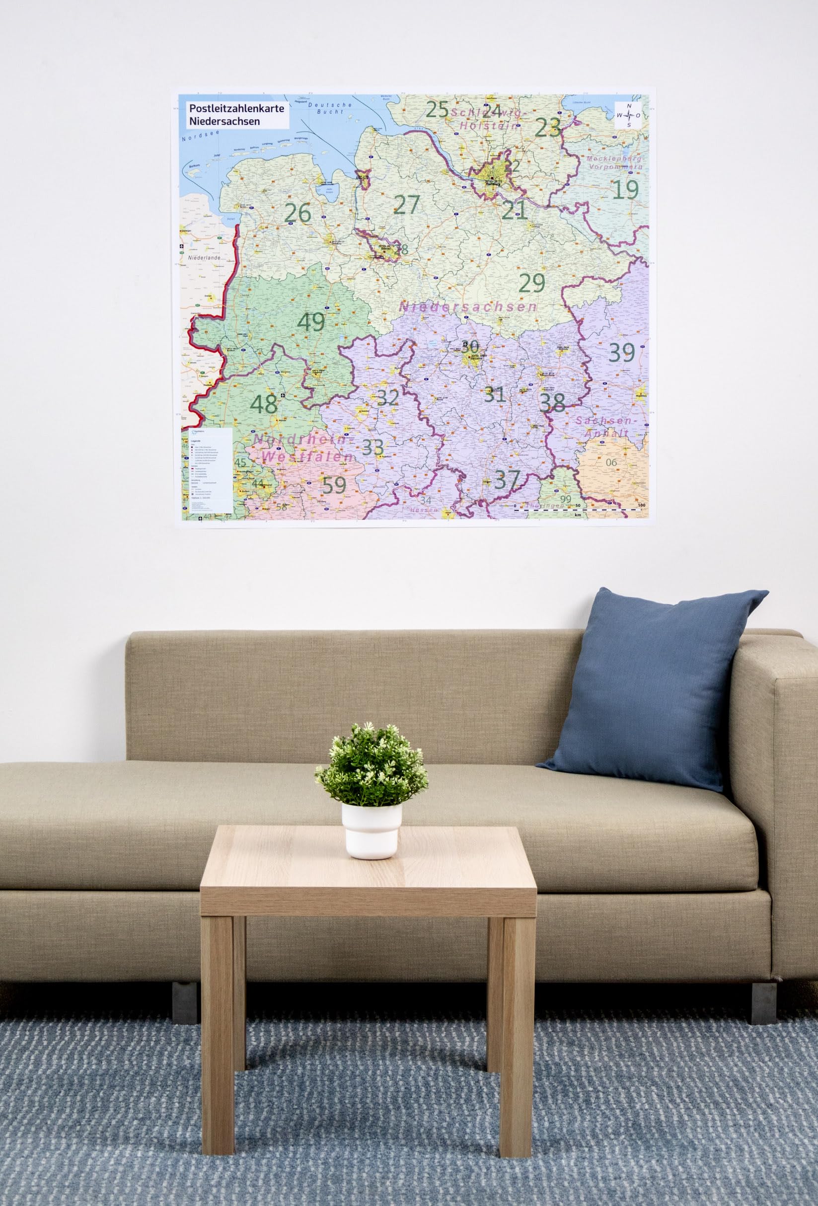 GeoMetro XL Postleitzahlenkarte von Niedersachsen, mit Laminierung, beschreibbar, Wandkarte, 110 cm x 100 cm