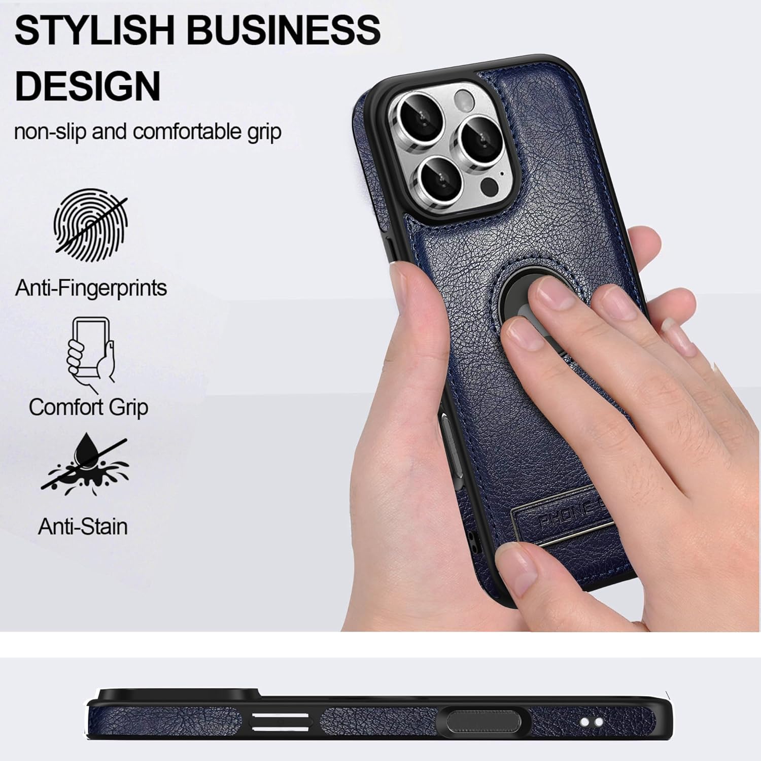 Leather Case for iPhone 16 Pro Max Case, Protective Slim with Kickstand Shockproof Phone Cases, Built-in Invisible Stand Compatible with iPhone 16 Pro Max 6.9'', Blue - Image 3