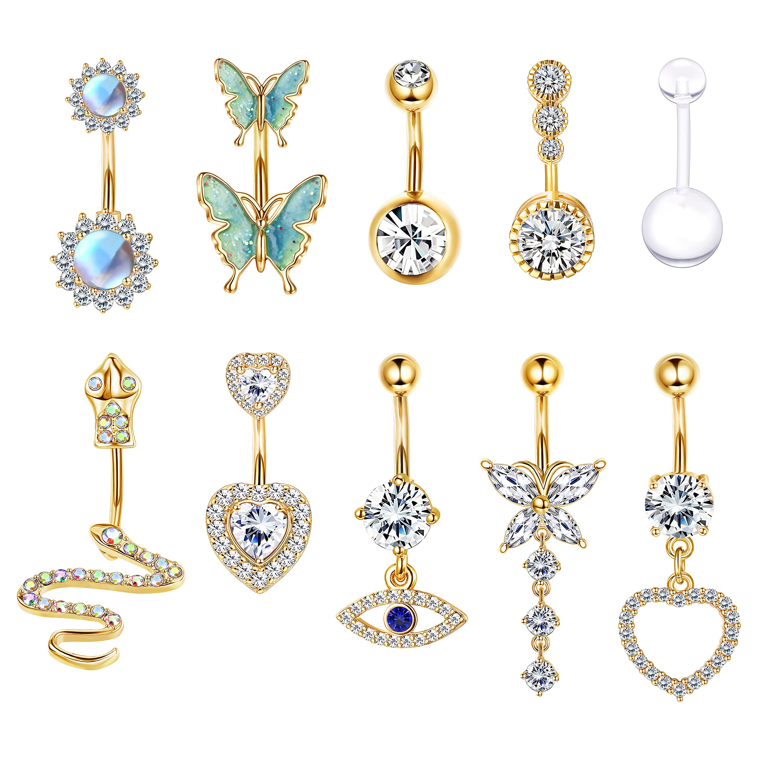 MILACOLATO 14G Piercing Ombligo Anillo Acero Quirúrgico Dangly Piercing De Ombligo Cadena Larga CZ Piedra Lunar Serpiente Corazón Mariposa Paquete De Barra De Ombligo Plata Oro Belly Joyas 10Piezas