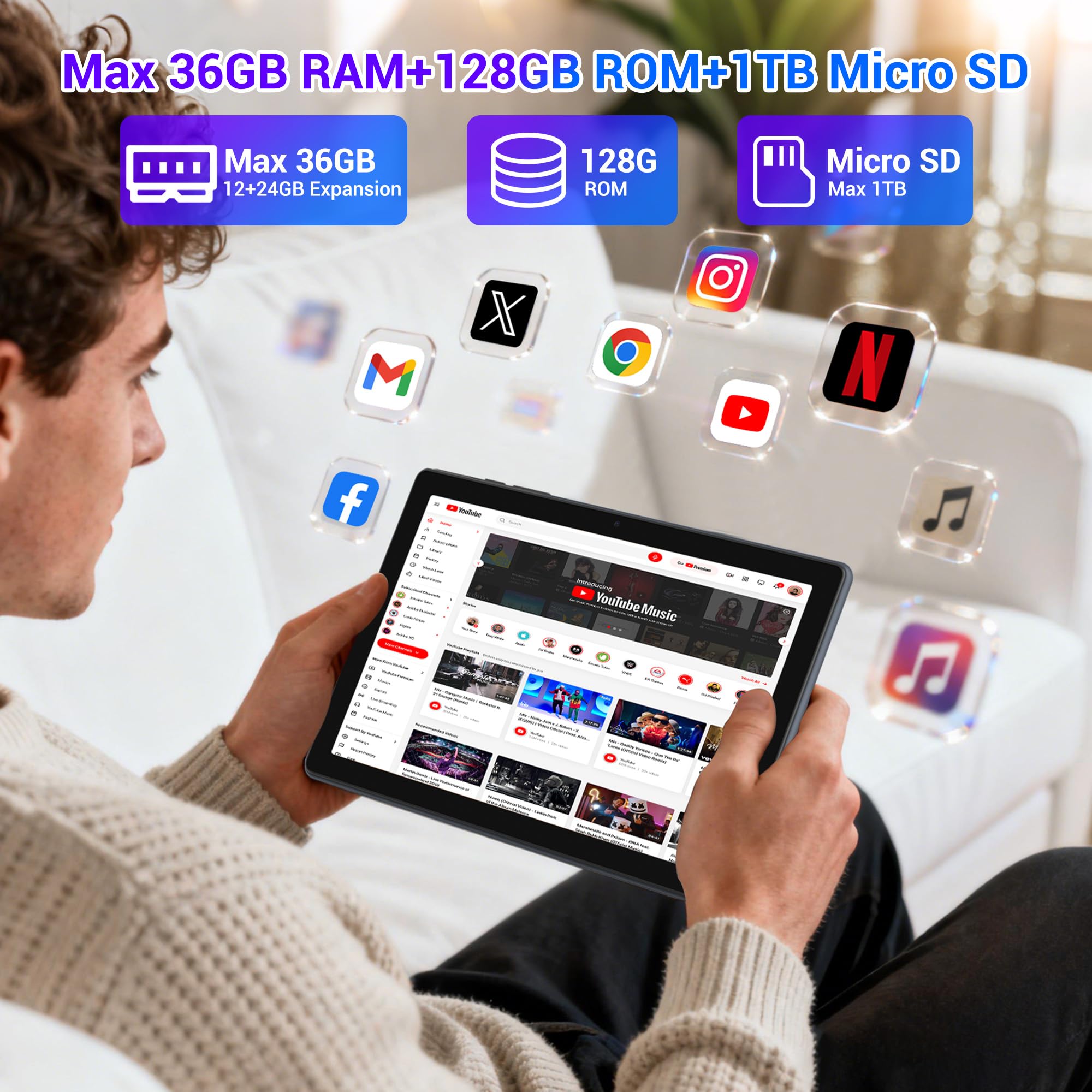Tablet 10 pollici Android 15, Tablet in offerta con 5G wifi Octa-Core 2.0GHz, 36GB RAM, 128GB ROM (TF 1TB), 8000mAh, Camera 5+8MP, Tablet con tastiera|Mouse|Custodia|auricolari-grigio