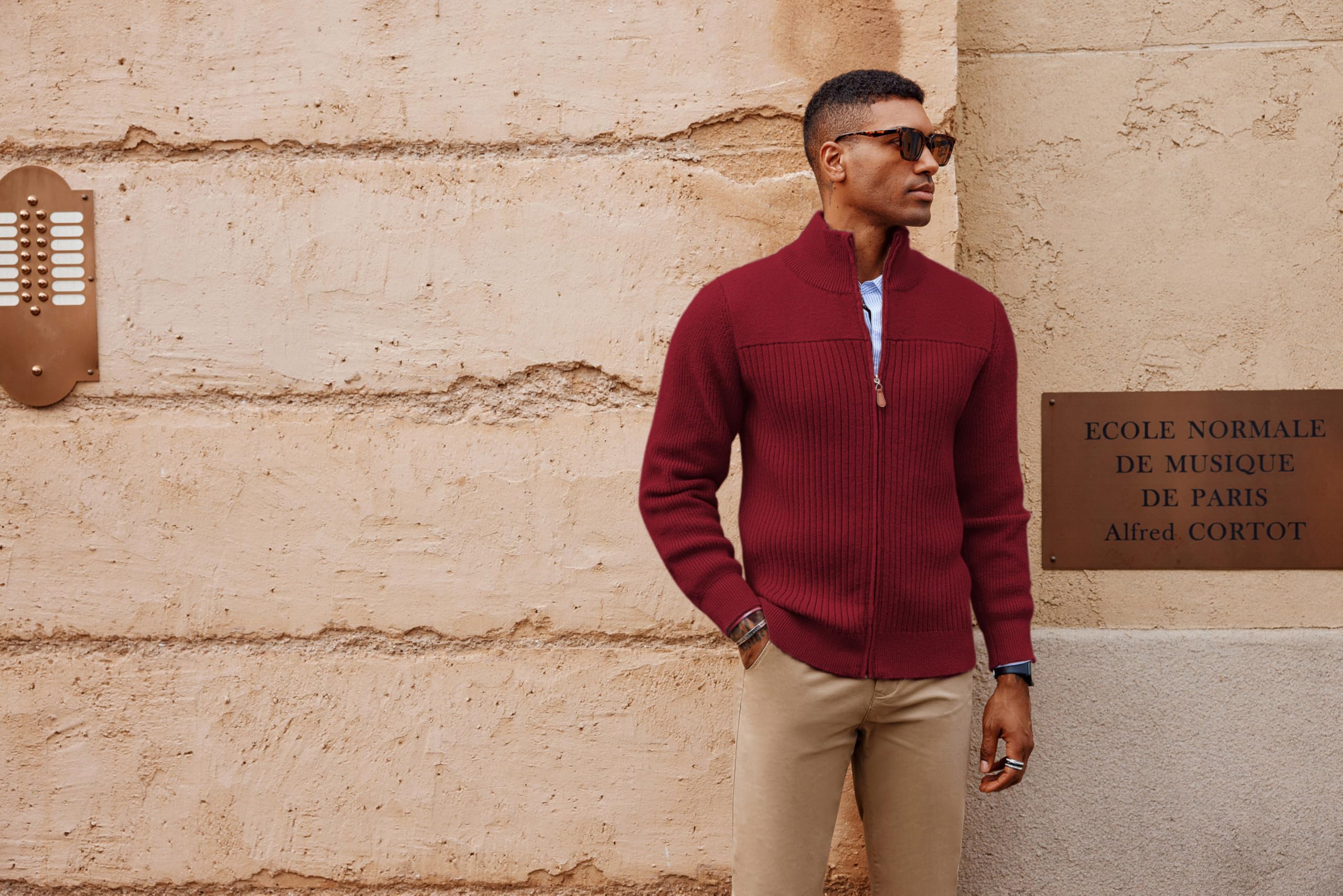 PJ PAUL JONES Cárdigan de punto acanalado con cremallera completa para hombre