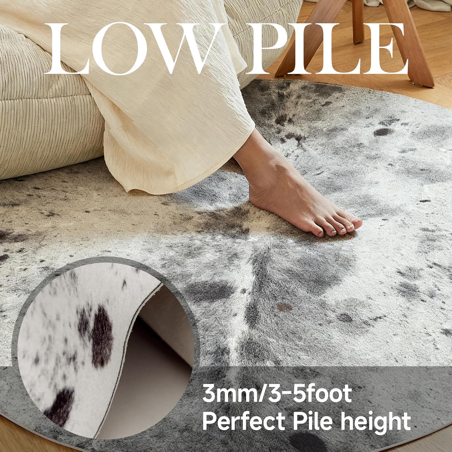 Modern Gray Faux Cowhide Round Rug, 5x5 ft Ultra-Thin Small Non-Slip Area Rug, Washable, Durable Circle Rug Mat for Living Room, Bedroom,