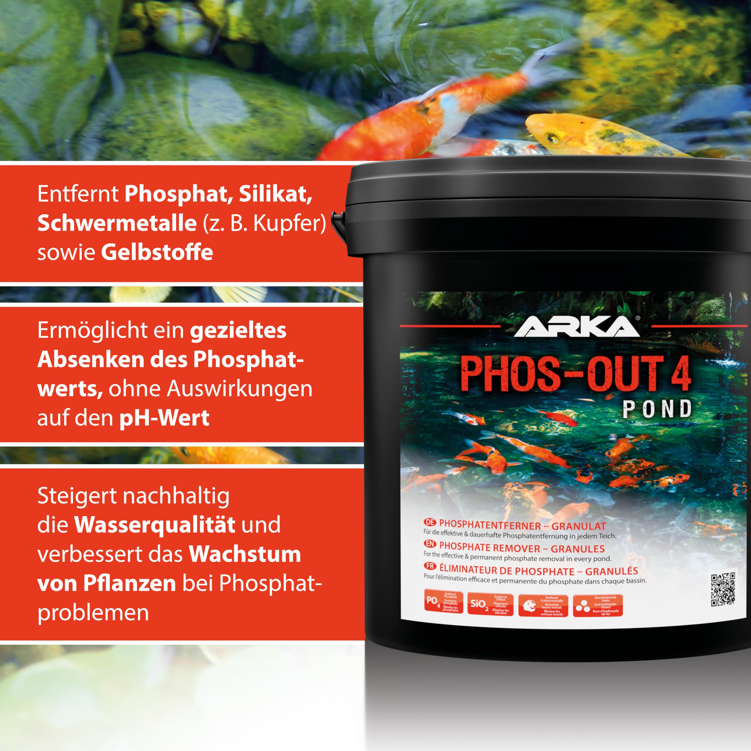 ARKA Pond Phos-Out 4 Granulat - 20 L - Leistungsstarker Phosphat-Entferner, entfernt Phosphat, Silikat, Sulfid und Gelbstoffe effektiv, auf Eisenhydroxid-Basis.