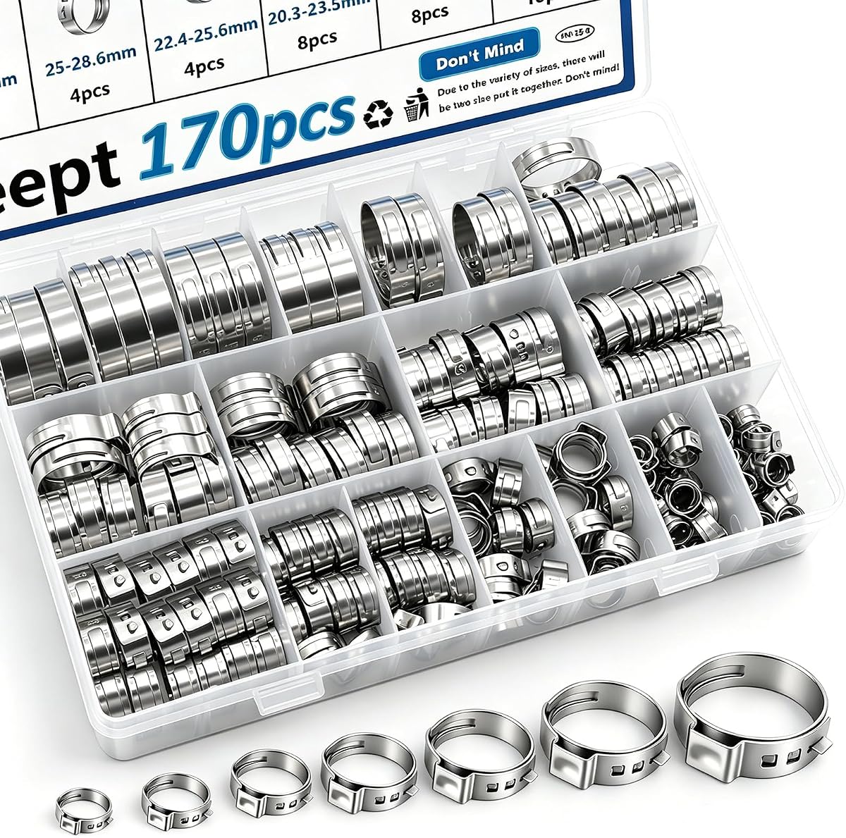 170Pcs 13 Sizes 304 Stainless Steel Single Ear Hose Clamps 5.3-31.6mm Crimp Hose Clamps Assortment Kit Perfect for Automotive/Home Appliance/Water Pipe and Fuel Line