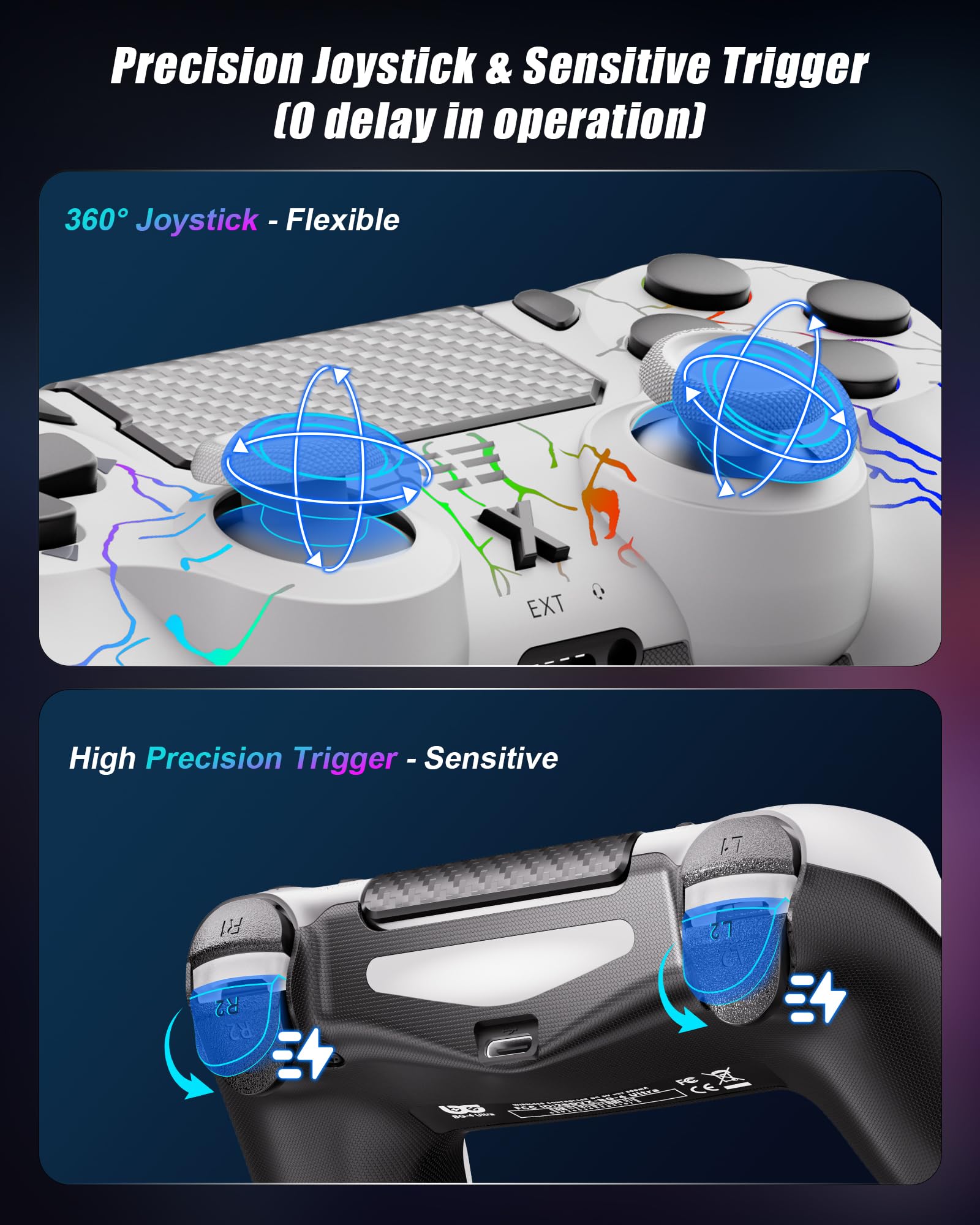 RUIZHI Controller LED Design a Forma di Fulmine, Controller Wireless per Playstation 4 compatibile con PS4/Pro/Slim/PC, con Batteria da 1000 nAh, Cavo USB-C, 1 Pezzo, Bianco