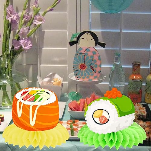 Miniatura 7 de Centros de mesa de sushi de nido de abeja japonesa, decoraciones de fiesta de sushi para fiesta de cumpleaños de sushi, centros de mesa para Let's