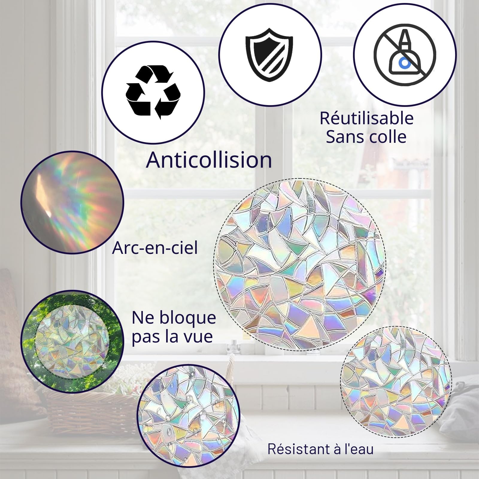 39 pièces suncatcher sticker – stickers fenetre avec effet prisme, film fenetre arc-en-ciel, stickers anti collision oiseaux, décoration de autocollants décoratifs pour portes et fenêtres.