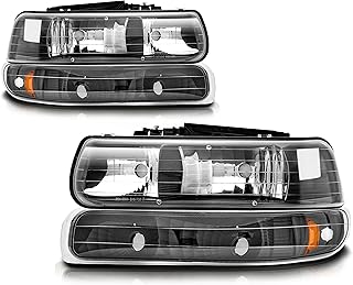 Headlight Assembly Compatible with 1999 2000 2001 2002 Chevy Silverado 1500 2500/2000-2006 Suburban 1500 2500 Tahoe, Headlamps with Bumper Lights (Black Housing Amber Reflector)