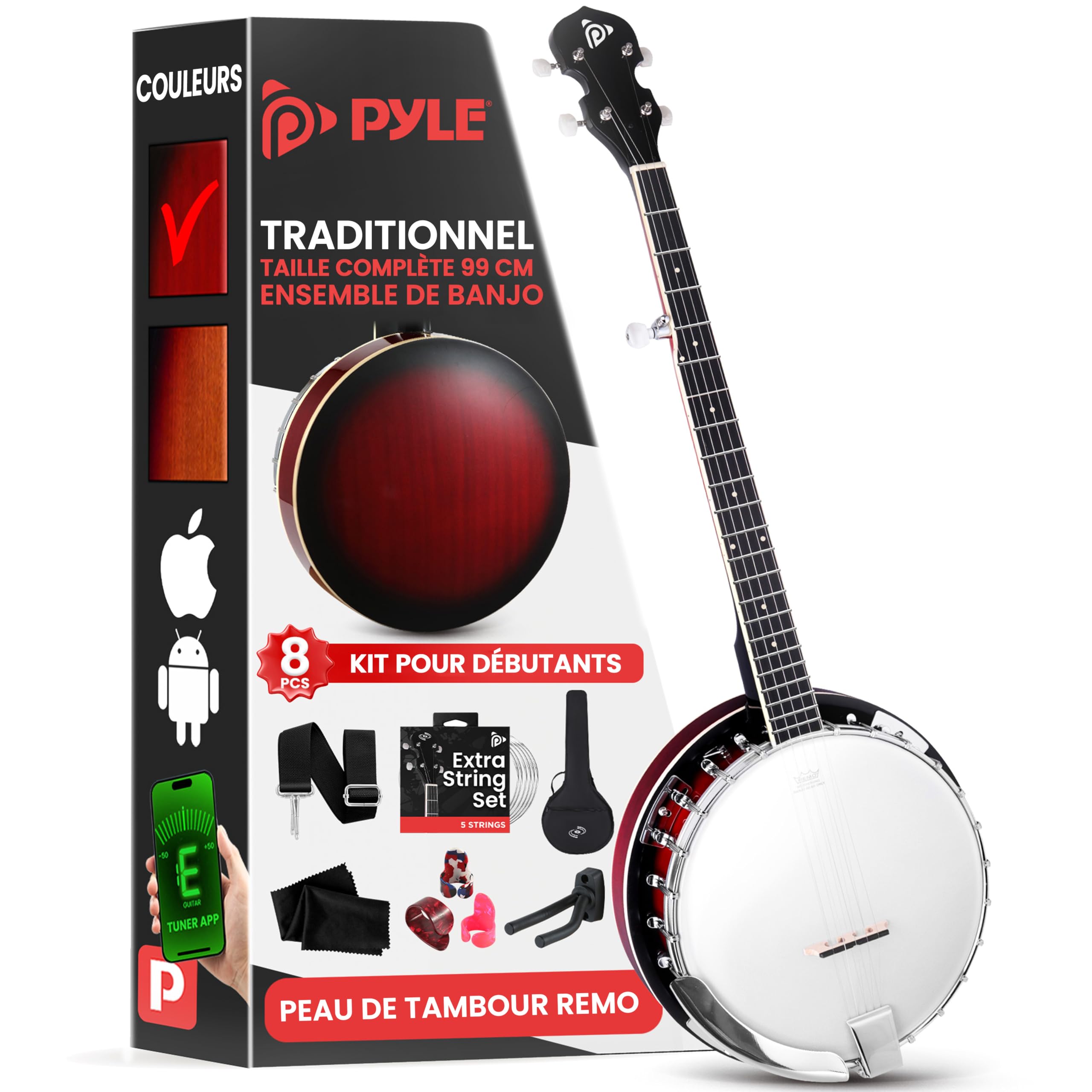 Pyle Banjo Kit avec Tête Remo et Résonateur en Sapelli, Instrument Traditionnel Taille Réelle de 99 cm – Banjo 5 cordes - Dos Ouvert ou Fermé, 24 Supports - Kit d'Accessoires Premium (Éclat Rouge)