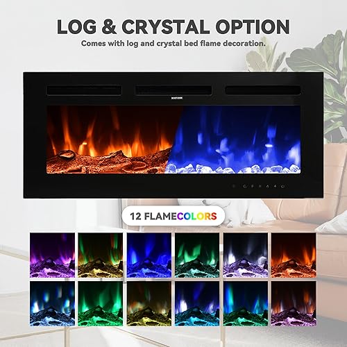 Miniatura 6 de Chimenea eléctrica montada en la pared y empotrada de 36 pulgadas con control remoto temporizador de 8 horas, 12 llamas, pantalla táctil, calentador
