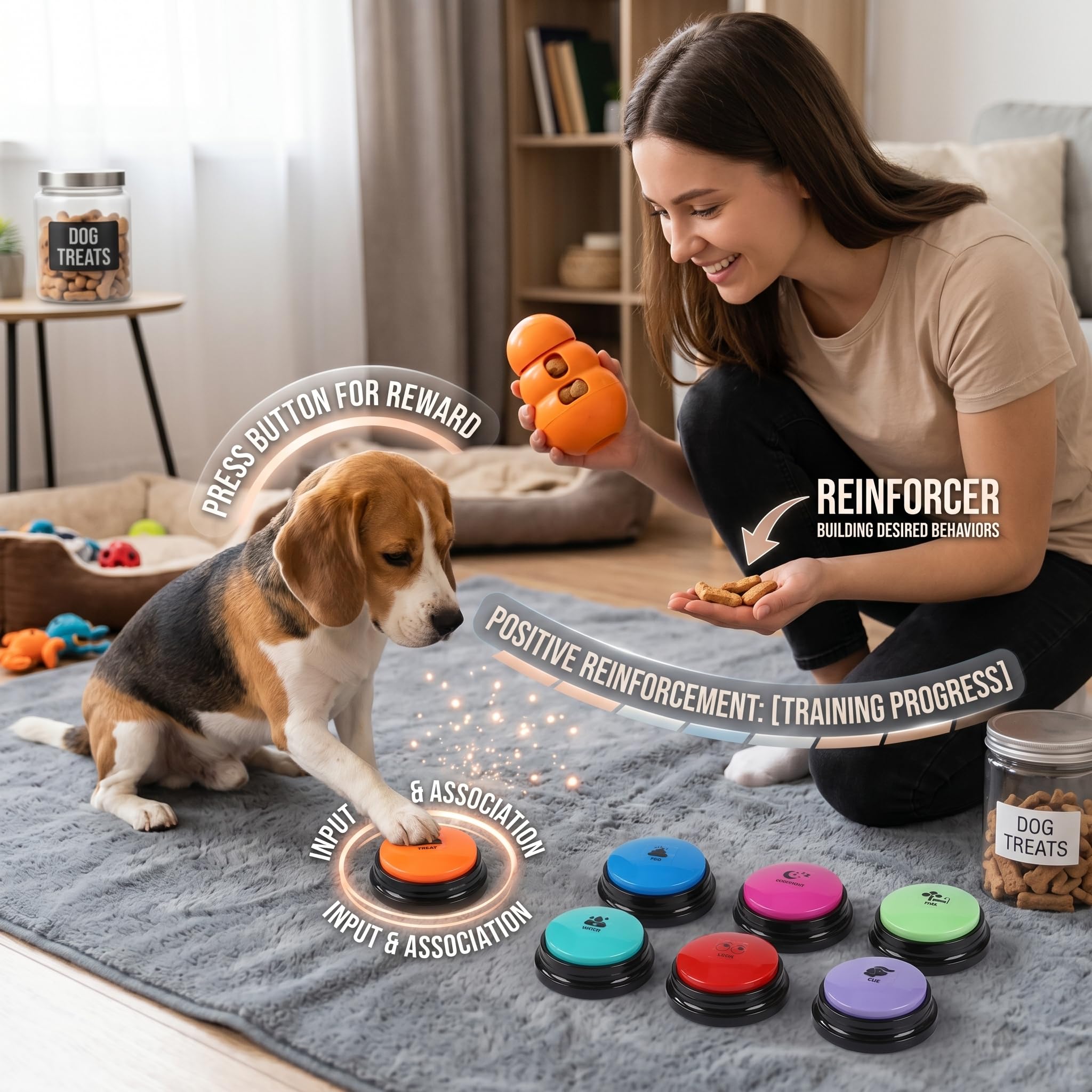 Buzzer avec Fonction d'enregistrement, kit de 12 buzzers avec Son, Comprend 50 Autocollants, Bouton de Dressage pour Chien, Bouton Qui Fait des Sons de Chien