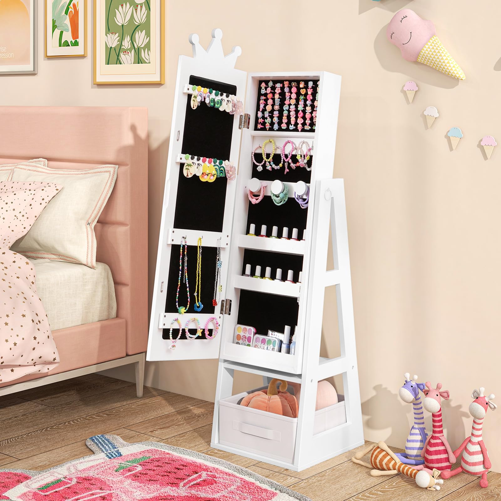 COSTWAY Armario de Joyería para Niñas con Espejo, Espejo Joyero de Cuerpo Completo con Gran Capacidad de Almacenamiento, Armario para Joyas Infantil con Ganchos, Estantes y Cajón (Blanco)