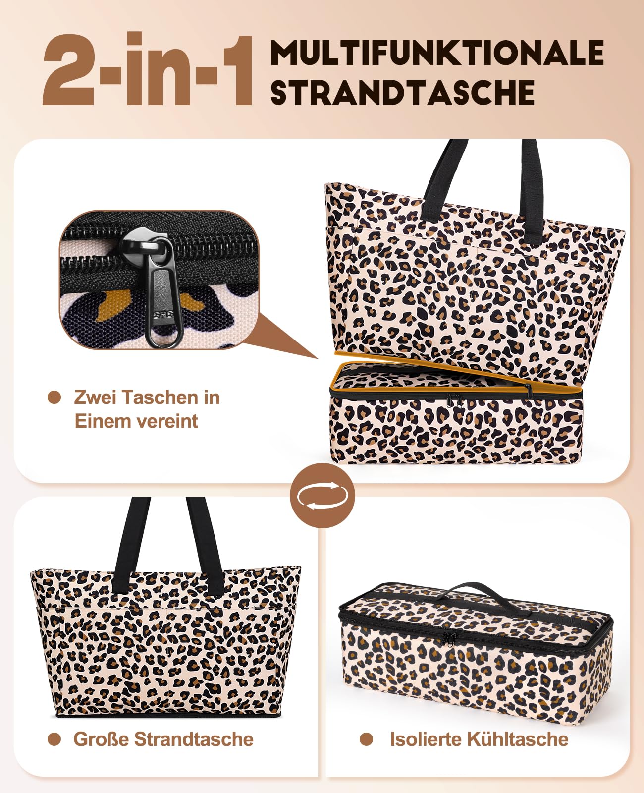 ISEYOU Strandtasche XXL Familie mit Kühltasche, Wasserdicht Sanddicht, 49L, Faltbar
