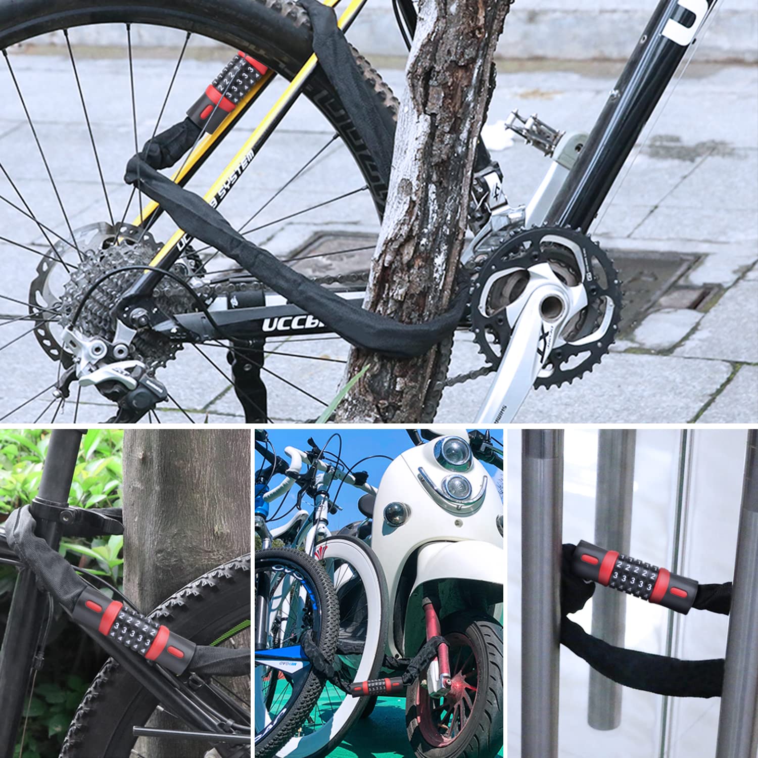 Candado De Combinación Para Bicicleta - Cadena 5.7 Mm X 0.9 M | 5 Dígitos, Impermeable | Ideal Bicis, Motos, Scooters | Color Rojo
