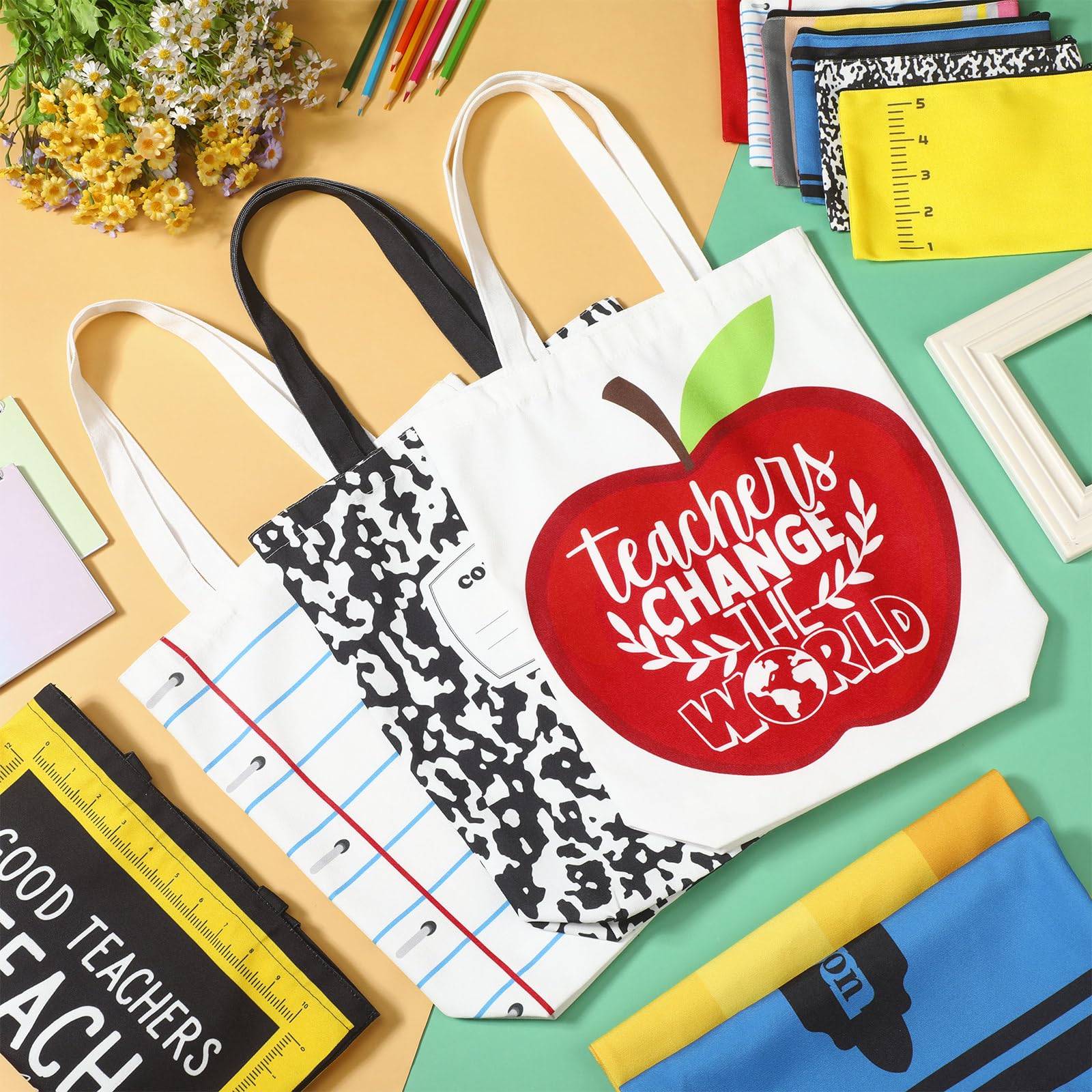Paterr 12 pezzi regalo di apprezzamento per insegnanti, 6 pezzi borsa tote in tela per insegnanti e borsa per il trucco regalo di ringraziamento per donne, dipendenti, colleghi, forniture per ufficio