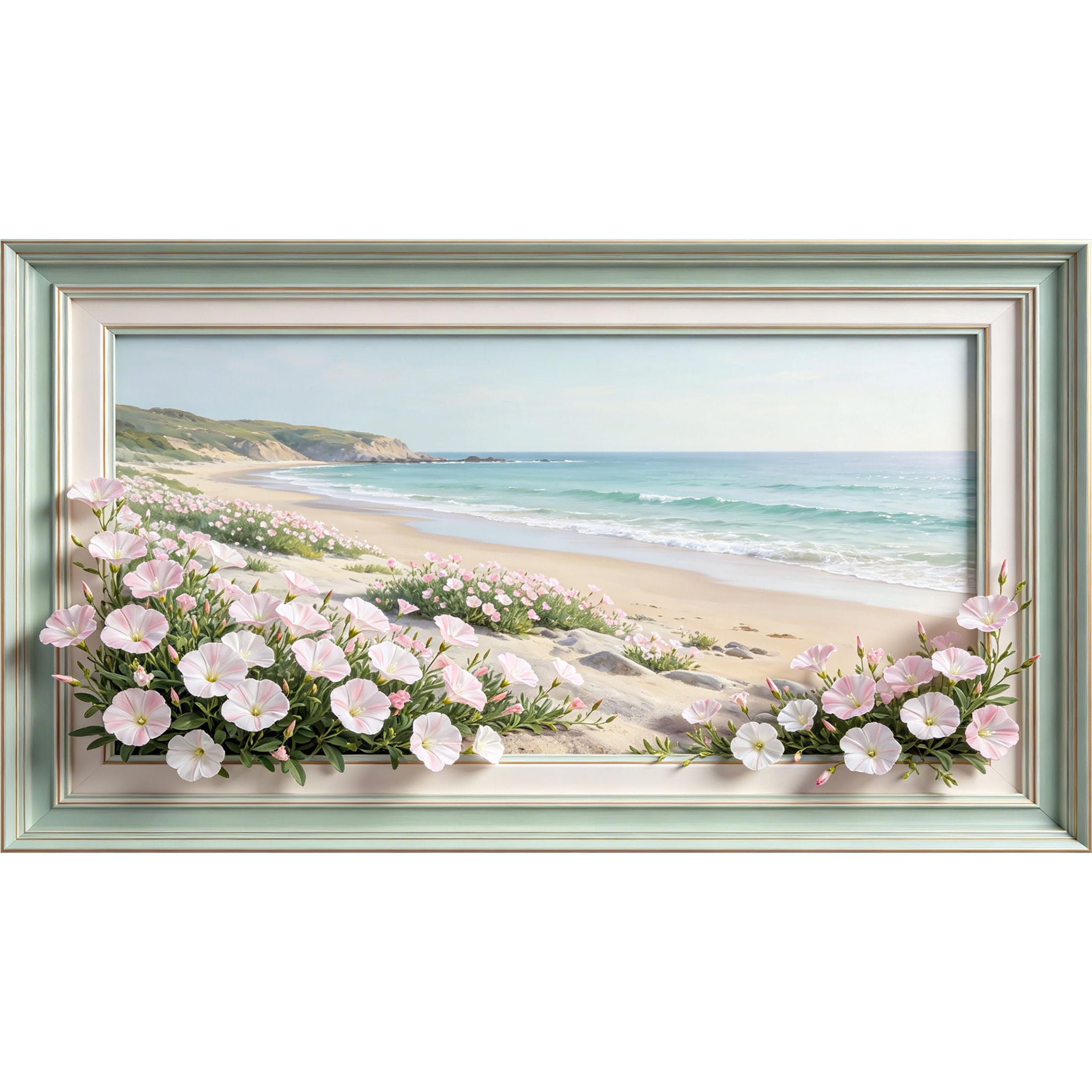 QZLITHOTIC 50×90cm3D Framed Wall Art， Coastal Sand Beach Pink Wildflower Self?Adhesive Mural， Water?Activated Peel & Stick Fabric Decor Wall Decal for Bedroom Living Room