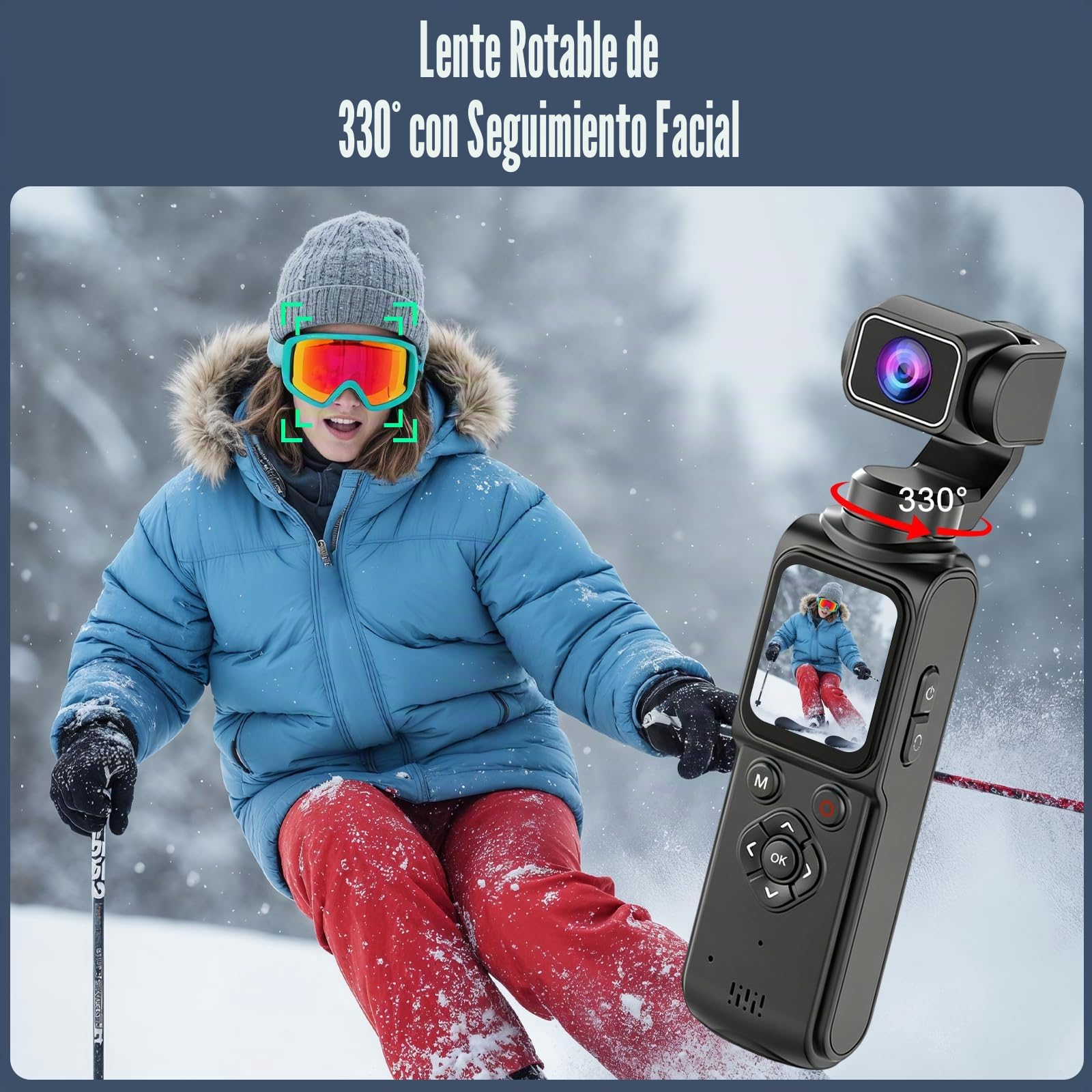 4K Cámara D'Acción Portátil con Rotación 330°＆1.72 Inch Pantalla Táctil | Vlogging Action Cam con Transmisión Inalámbrica,Mini Pocket Cámara para Viajes,Retransmisiones en Directo y Videoconferencias