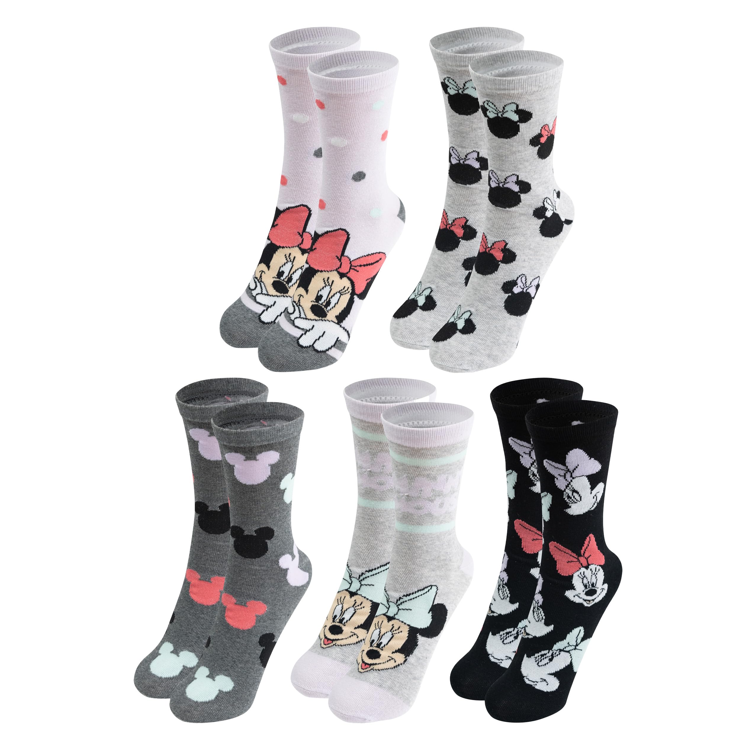 United Labels Women's Multi-Coloured 5 Pairs Disney Minnie Mouse Socks For Black And Grey, 38-43, Socks, Socks