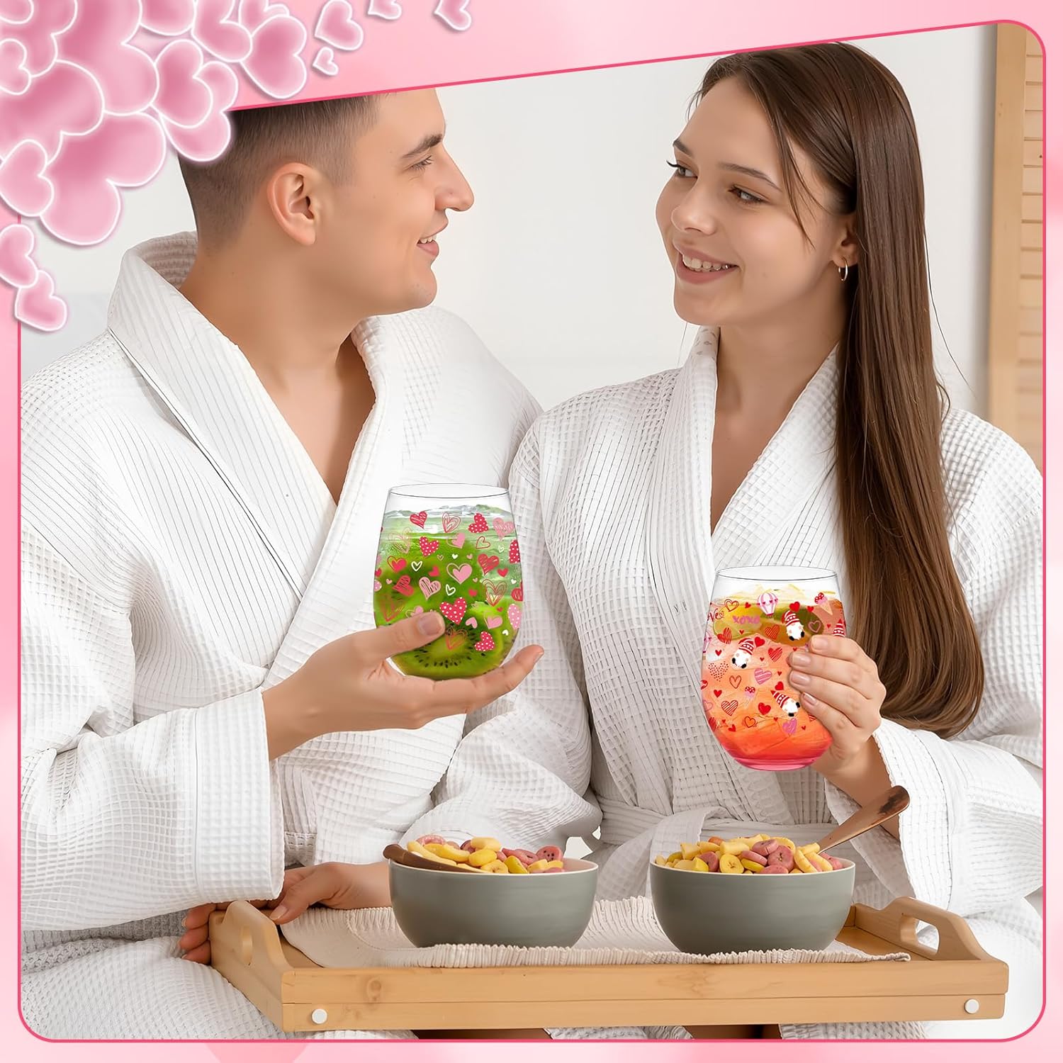 LemonRoad 2 Pcs Valentine's Day Gifts Valentines Stemless Wine Glasses Galentines Day Party Gifts 18 oz Heart Drinking Glasses Romantic Tumbler Cups for Her Couples Wedding Party Event Supplies - Image 5