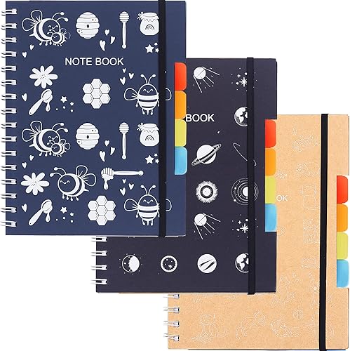 Paquete de 3 cuadernos en espiral de tapa dura con separadores móviles bloc de notas A5 con rayas universitarias para mujeres y hombres diario de