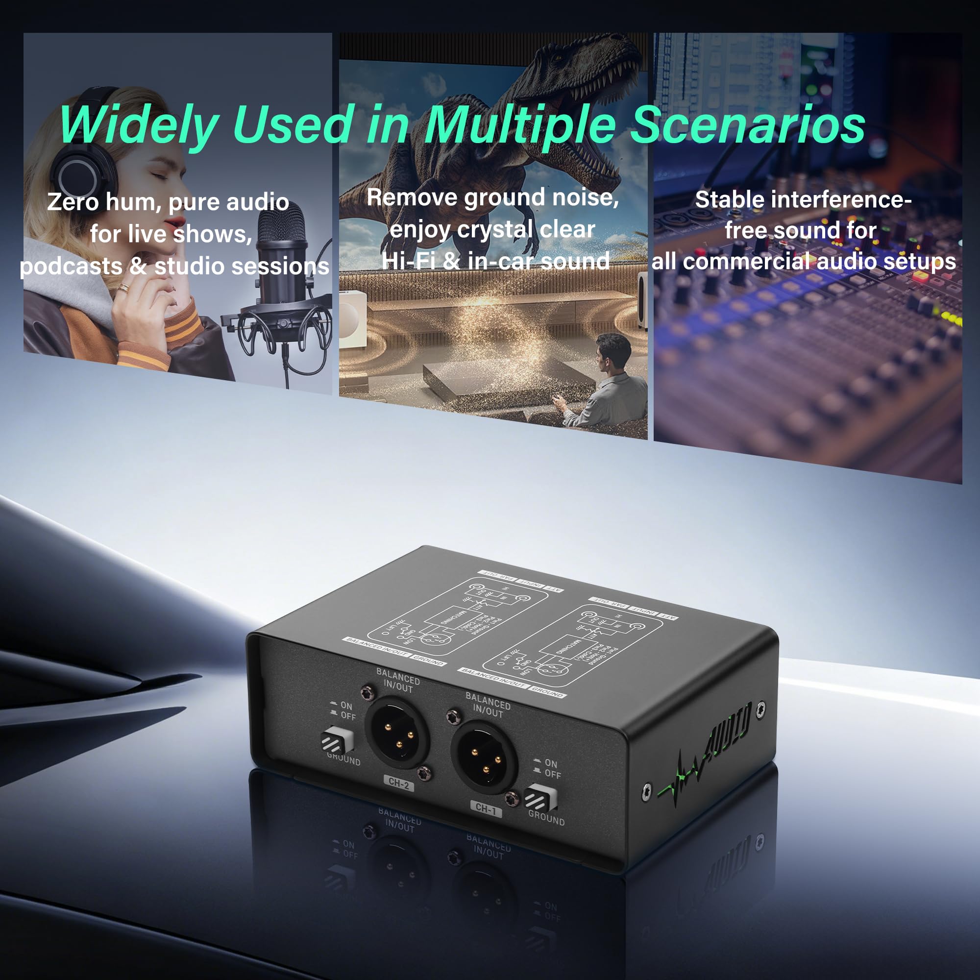 SinLoon Isolatore di rumore audio XLR-BOX a doppio canale, Loop di massa, I/O bilanciato XLR da 1/4", 0/-20/-40 dB, Regolazione del guadagno in 3 fasi per Studio, Live Stage, Home HiFi