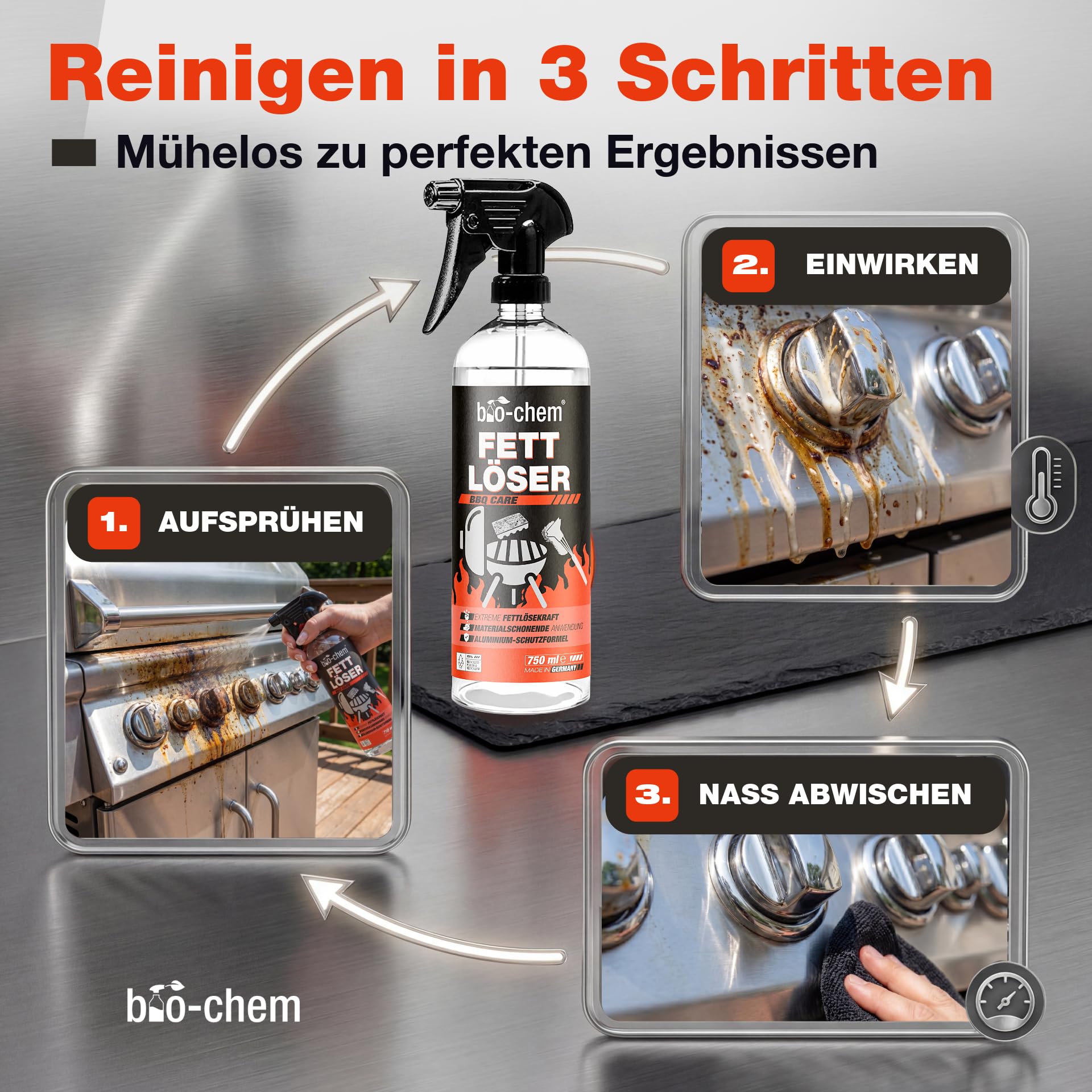 bio-chem BBQ-Cleaner ?rodek do czyszczenia grilla 750 ml + ?ciereczka z mikrofibry efektywne czyszczenie w profesjonalnej jako?ci spray piel?gnacyjny do rusztu do grilla, bezzapachowy i przyjazny