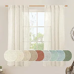 LAMIT Natural Linen Semi Sheer Curtains 63 Inch for Bedroom, Light Filtering Neutral Window Curtains Farmhouse Boho Back Tab and Rod Pocket Panels, Natural Cream Ivory, 2 Panels, 38 x 63 Inch