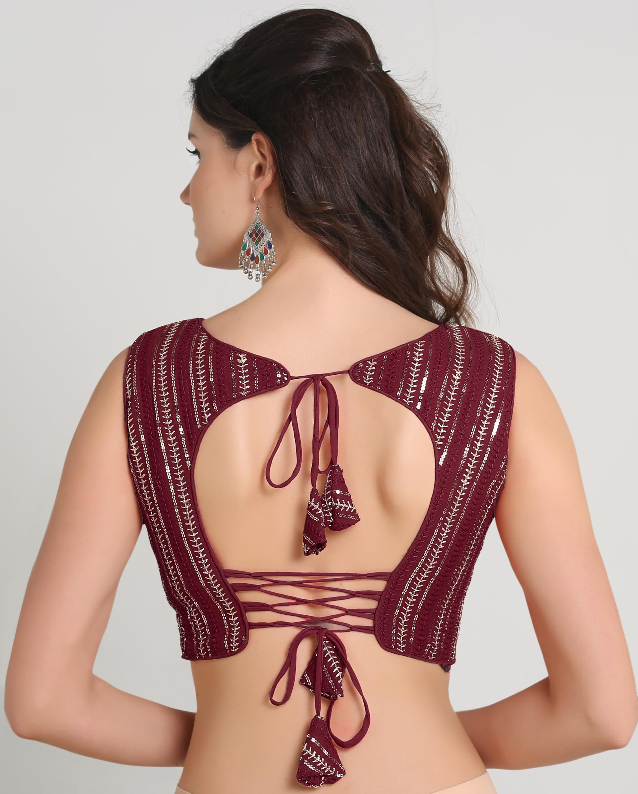 Pujia Mills Women's Indian Ethnic Wear Sabyasachi Sequence With Dhaga Embroidered Zari Work Sweetheart Neck Blouse Sleeveless Readymade Padded Saree Back Open String Pattern Blouse