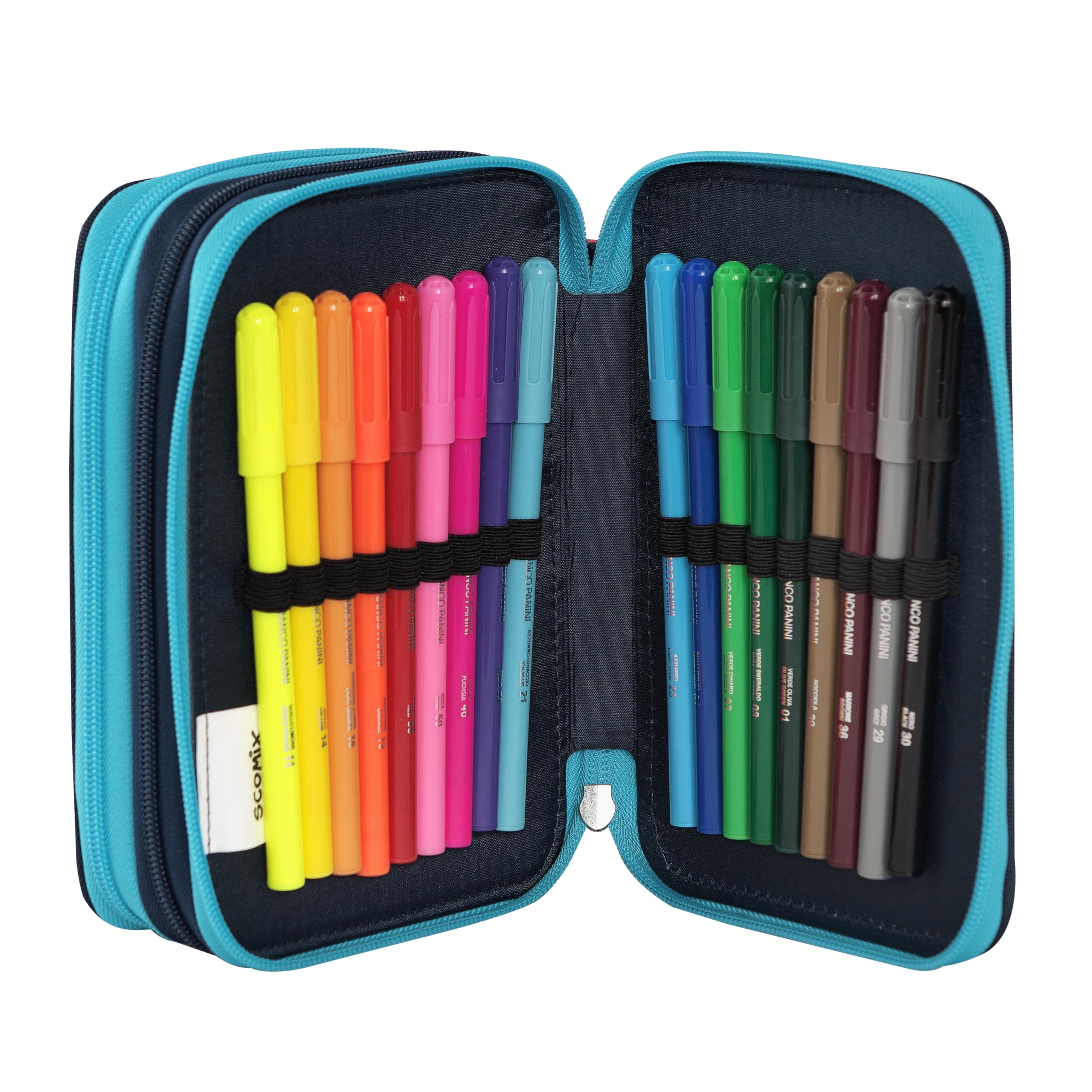 COMIX Scomix by Sio - Astuccio Scuola, Astuccio 3 Scomparti per Bambini e Ragazzi, con Set Cancelleria Incluso, 5 Etichette Adesive Portanome e Pratiche Chiusure a Zip, 20 x 13H x 7 cm, Blu