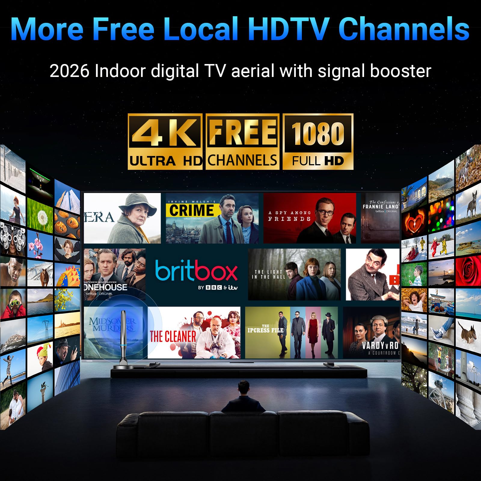 Antenna TV per interni, per canali locali con amplificatore di segnale, ricezione a lungo raggio di oltre 50 km, antenna Freeview per Smart TV, supporta 4K 1080p HD per tutti i televisori, cavo da 3 m