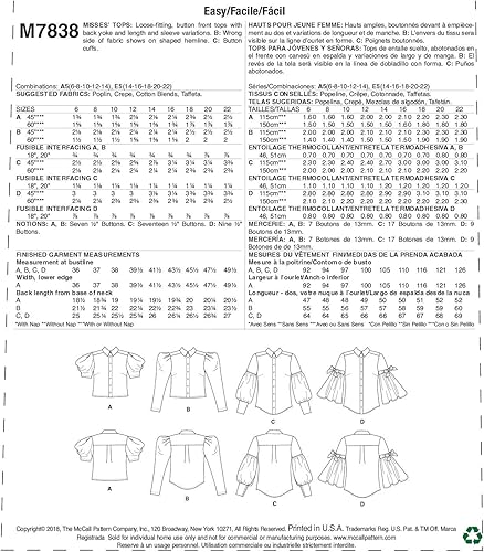 Miniatura 2 de McCall's Patterns McCall's - Blusa holgada con botones para mujer, tallas 14-22