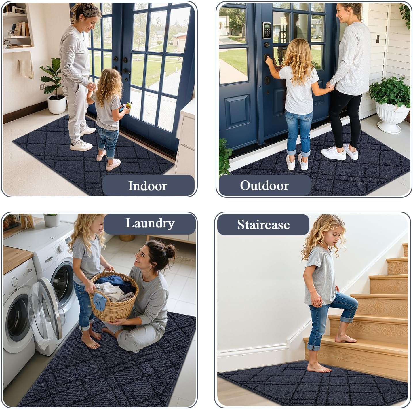 hicorfe Indoor Doormat,48"x32" Welcome Mat,Non-Slip Absorbent Door Mat,Rubber Backing Dirt-Trapping Front Door Mat,Washable Low-Profile Stylish Mat for Entrance,Kitchen,Garden,Laundry Room(Blue)
