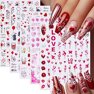 Valentine's Colorful Heart Nail Stickers 3D Self-Adhesive Nail Decals Sexy Lips Flower Nail Supplies Red Rose Flower Cute Cat Bears Heart Nail Design DIY Nail Decoration for Women Girls (6Sheets)