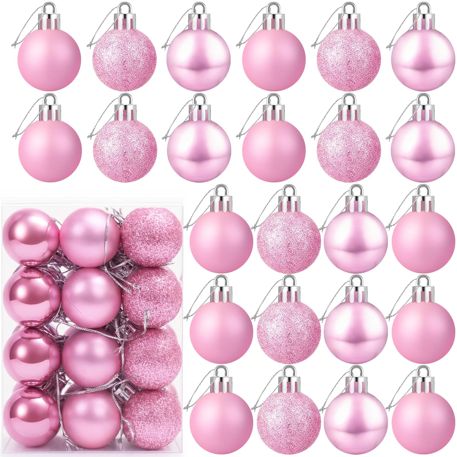 24 Count Mini Pink Ornaments for Mini Christmas Tree, Small Shatterproof Christmas Tree Ornaments Balls Party Decorations, 1.6 inch