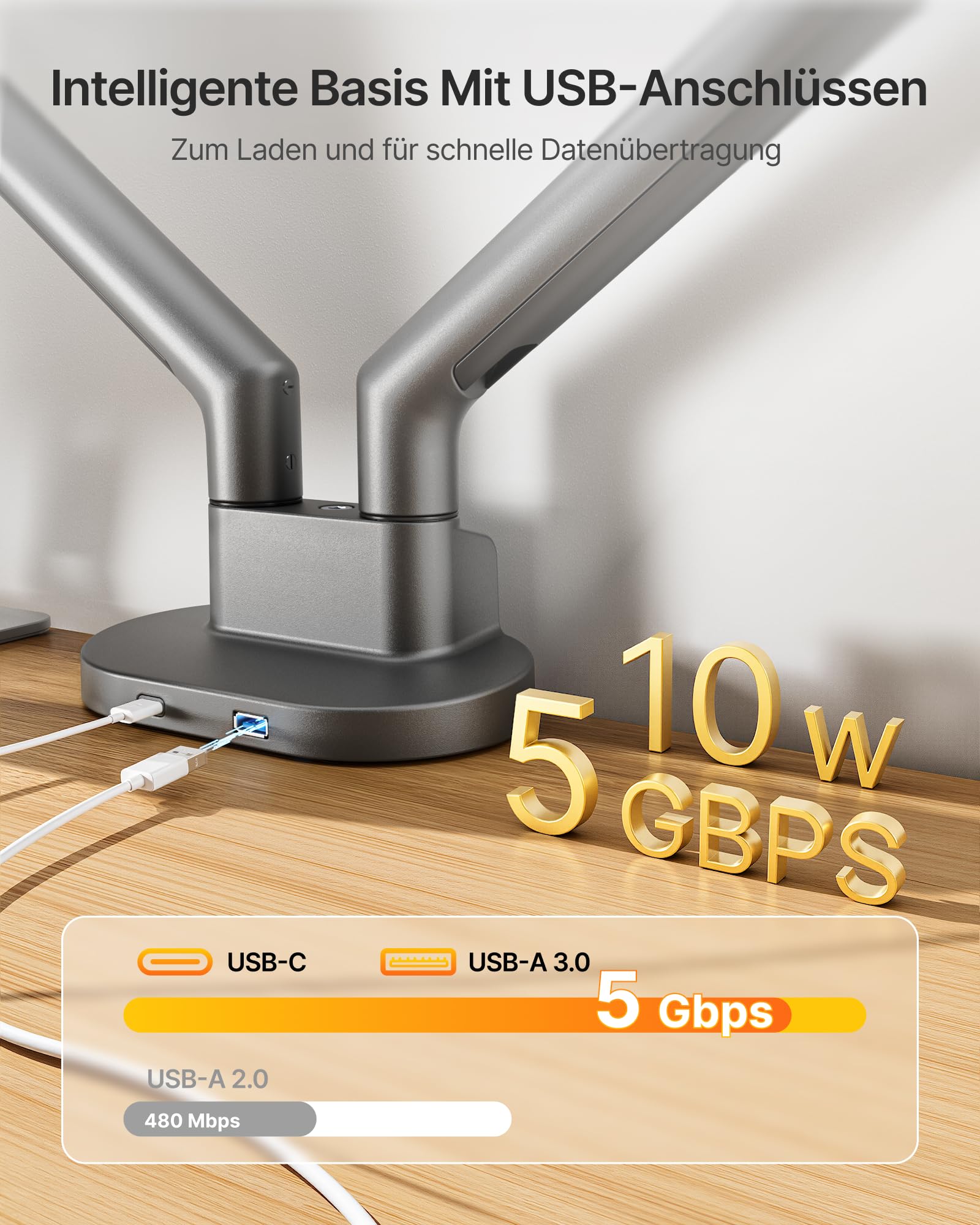 monTEK Brazo Monitor Doble de 17 a 35 Pulgadas con USB A/C 3.0 | Soporte de Doble Pantalla Resistente, Ajustable con Muelle hasta 11kg, VESA 75/100mm, Inclinable y Giratorio, Gris Oscuro