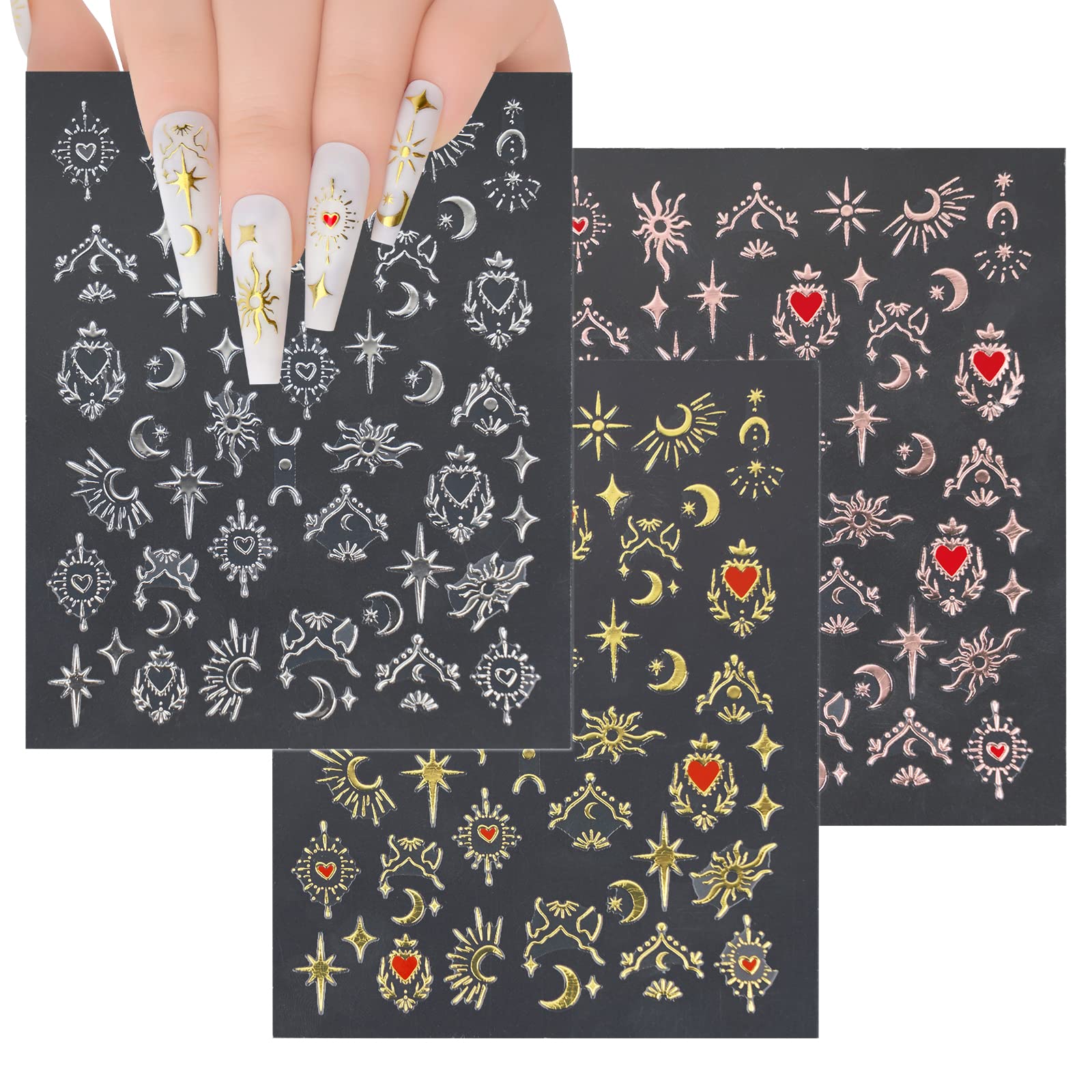 3 Sheets Gold Silver Star Moon Nail Art Stickers Self-Adhesive Gold Nail Decals Manicure Tips DIY Nail Art Nail Decorations for Women Girls