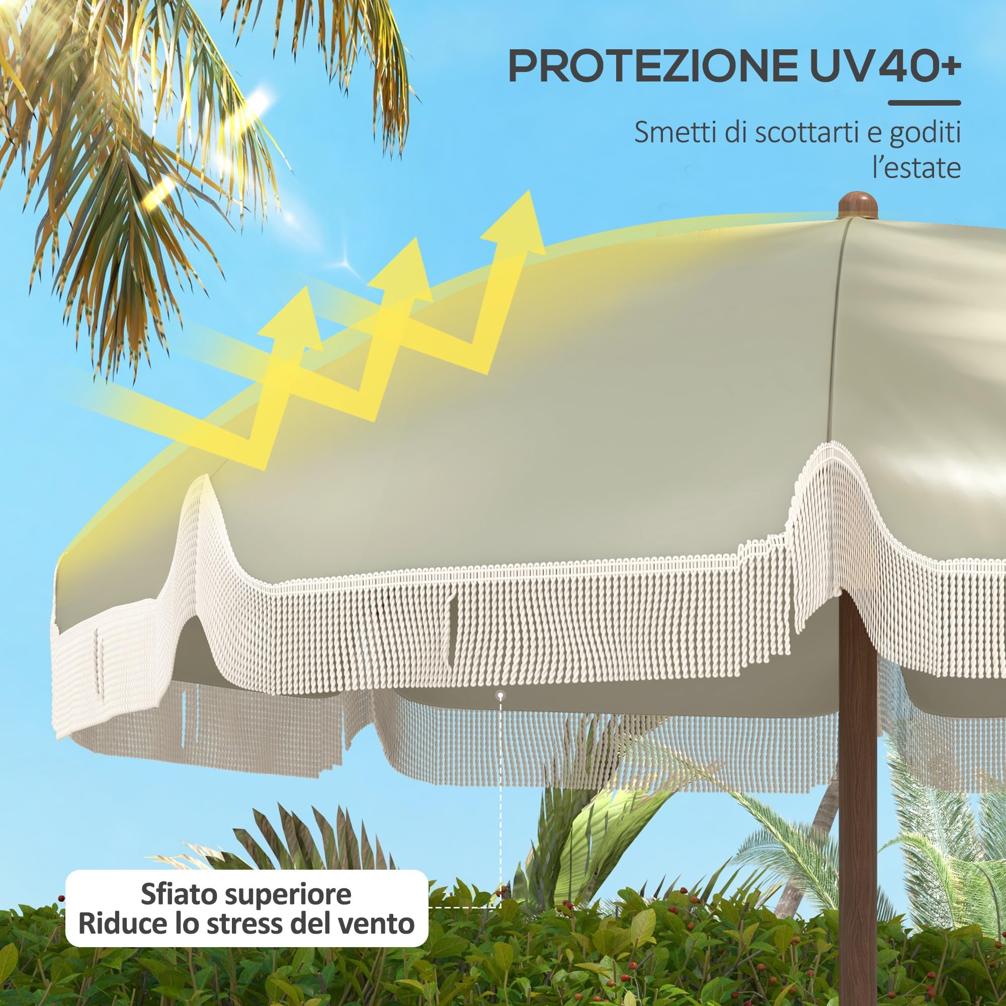 Outsunny Ombrellone da Spiaggia Ø1.9x2.1 m con Borsa di Trasporto, Ombrellone da Mare con 8 Stecche in Metallo e Poliestere 120g/㎡, Protezione UV40+