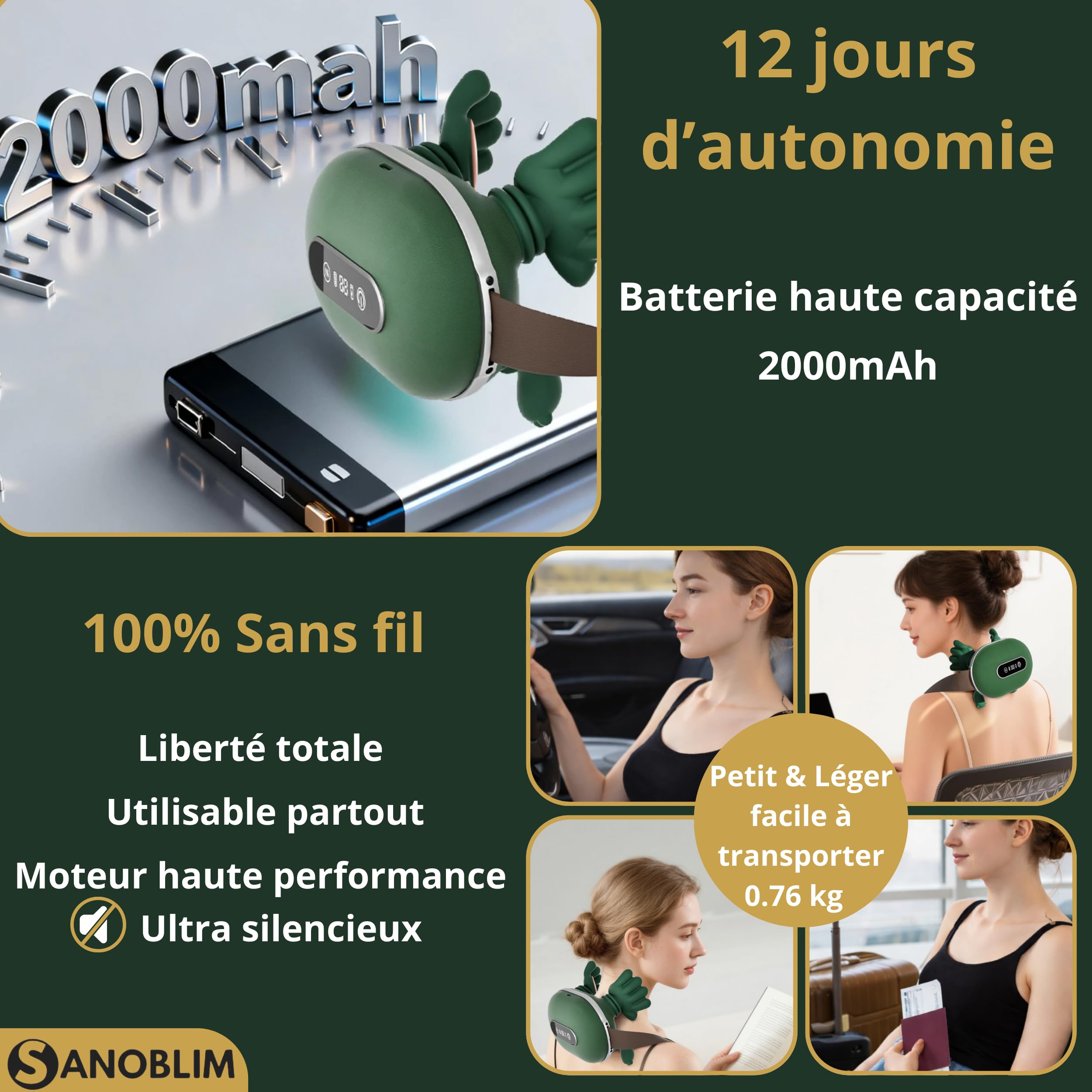 Masseur Cou et Cervicales Shiatsu 4D Électrique avec Chaleur (2 Réglages) – Main Bionique Massante Nuque,Dos et Épaules, 3 Intensités de Massage, Appareil de Relaxation Musculaire, Sans Fil,Vert