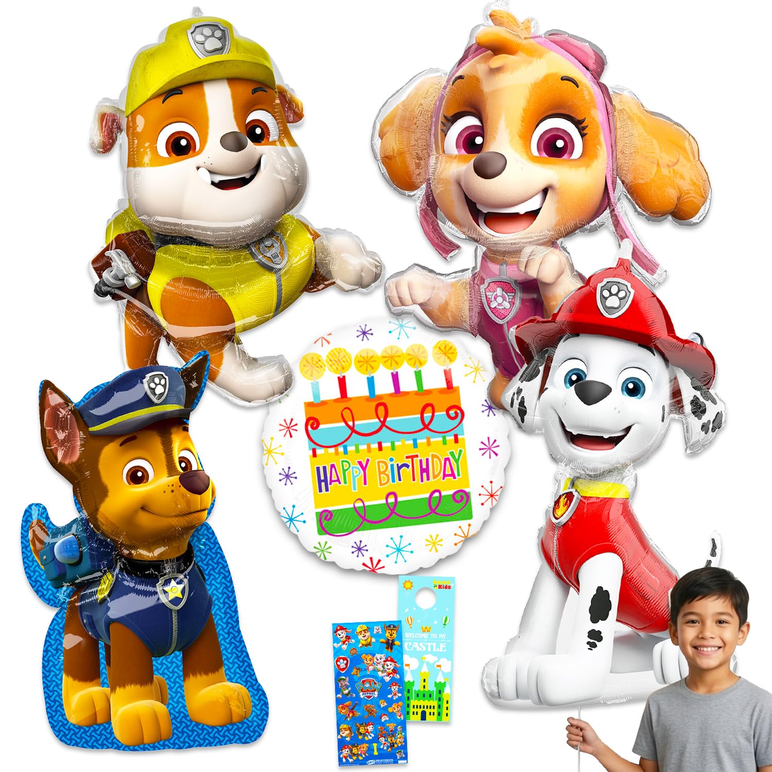 Paw Patrol Set di palloncini con personaggi – Confezione con 4 grandi palloncini decorativi in lamina con Chase, Marshall, Skye, Rubble Plus adesivi | Decorazioni per palloncini Paw Patrol per feste