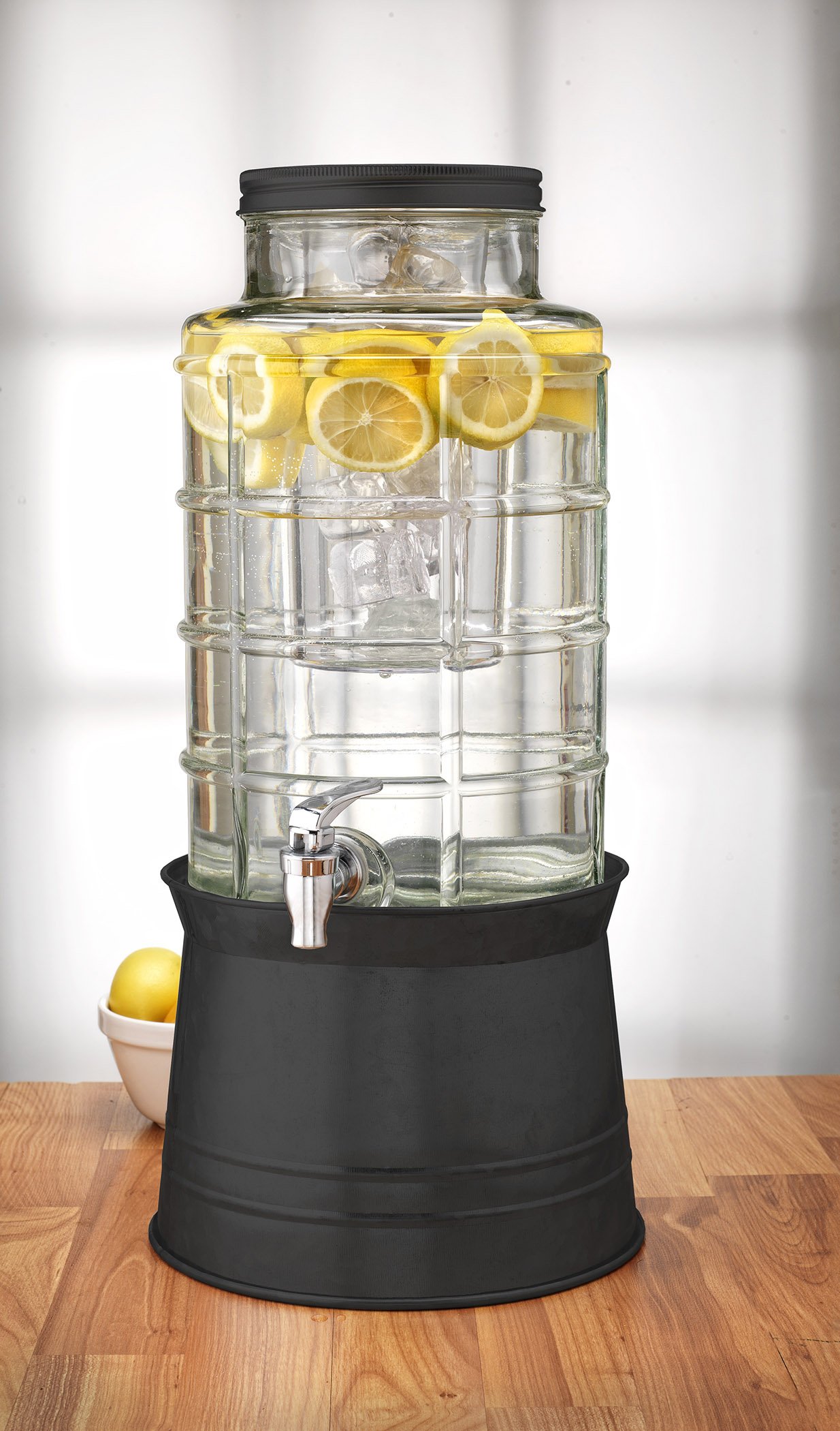 Circleware Getränkespender aus Glas mit großem Fenster und Metallständer, verwandelt sich in Eiskübel, Deckel, Obst-Ei und Eiseinsatz, Unterhaltung, Küche, Trinkgläser, riesig, 2,4 Liter, Schwarz