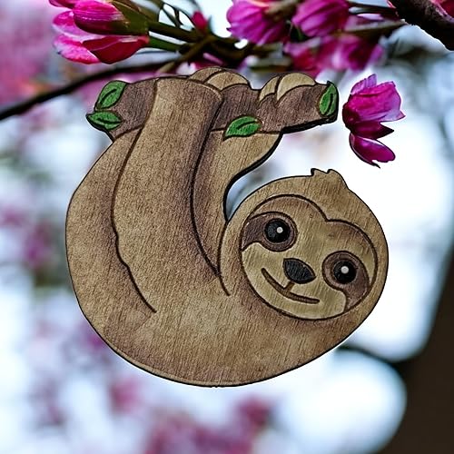 Miniatura 2 de Baby Sloth 1.5" Handpainted Wood Pin Nature Art Joanie