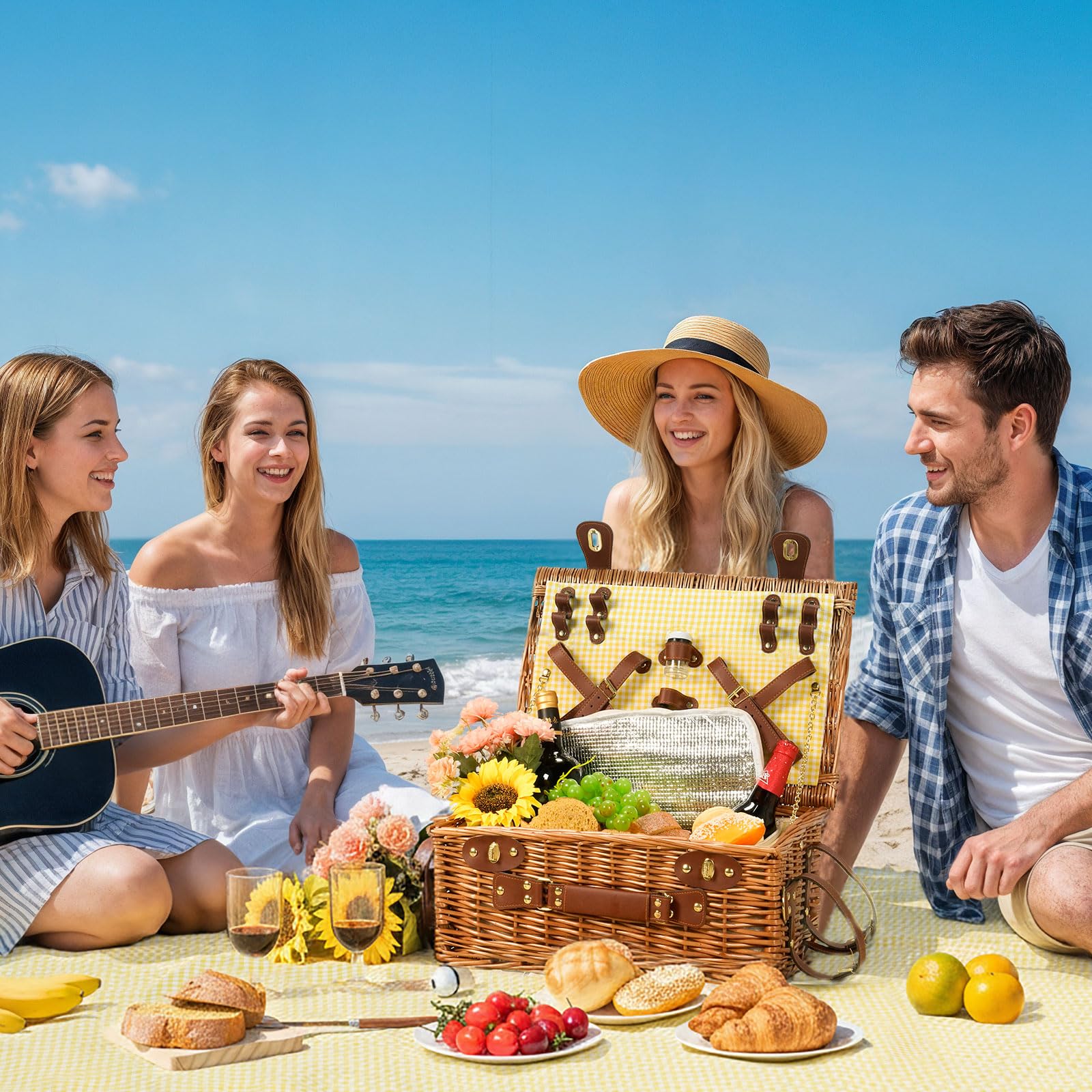 Panier de pique-nique en osier pour 4 personnes avec compartiment isotherme et couverture de pique-nique imperméable, sangle amovible, sac à vin, ensemble de couverts, pour camping, voyage