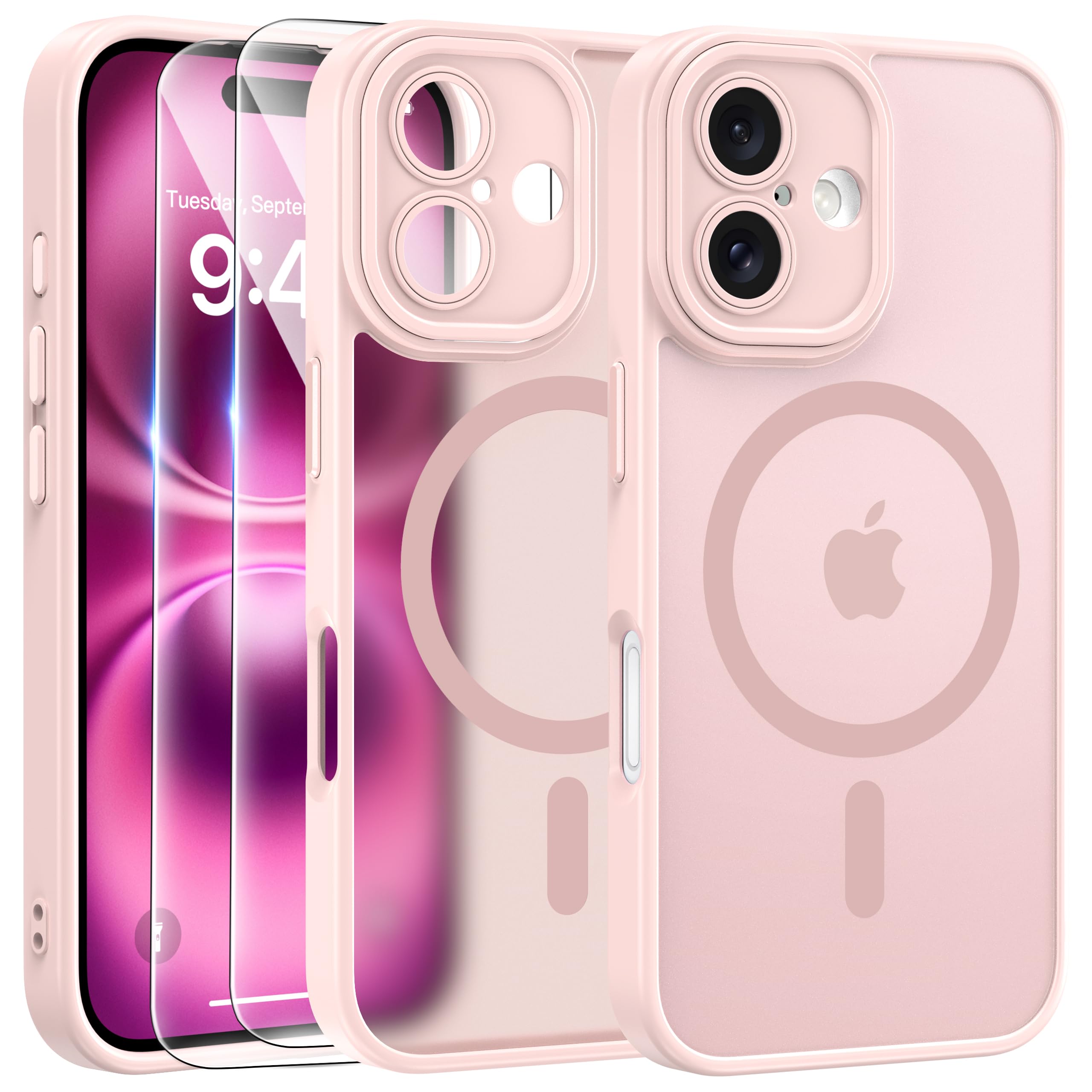 FLLAO Magnetic Cover for iPhone 16 Case and 2 Tempered Glass Films, Cover iPhone 16 Compatible with Magsafe, Translucent Matte Slim Back Shockproof Protective Case, Pink