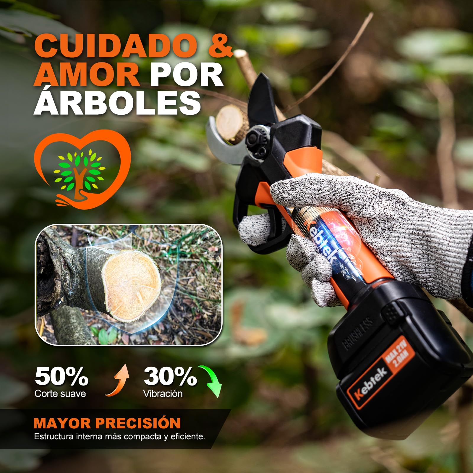 Kebtek Tijeras de Podar Electricas Bateria Profesional 33 mm, Cortadora de Ramas Inalámbrica, Motor Sin Escobillas (Li-Ion, 2000mAh 18V 2Ah, 1 batería y Cargador) (KT 933)