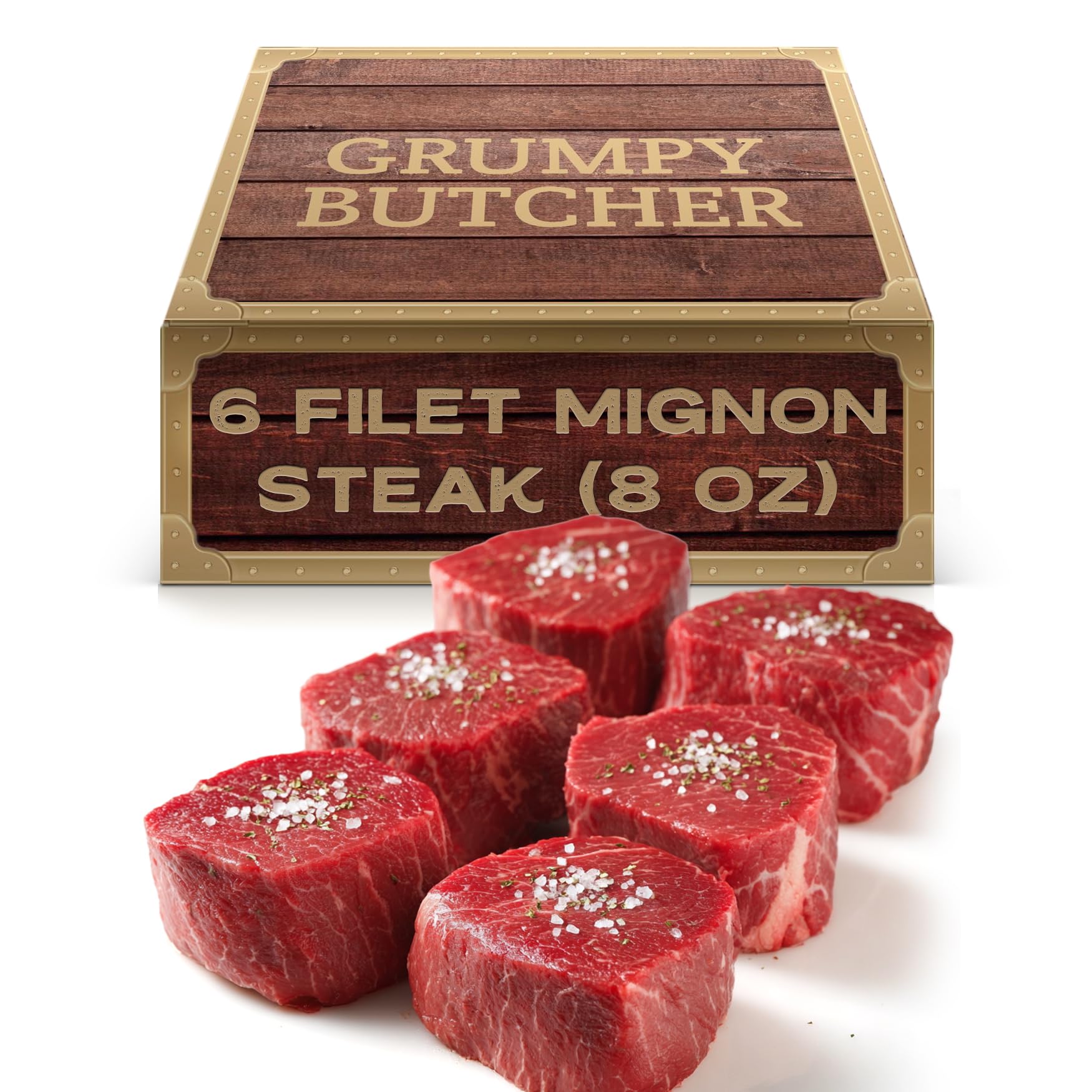 Grumpy Butcher Large Filet Mignon Steaks, 6 Pack (8 oz each) - Prime Steakhouse Size Beef Tenderloin Filet Steak Meat - For Delivery in Grumpy Butcher Meat Gift Packages Specials Option
