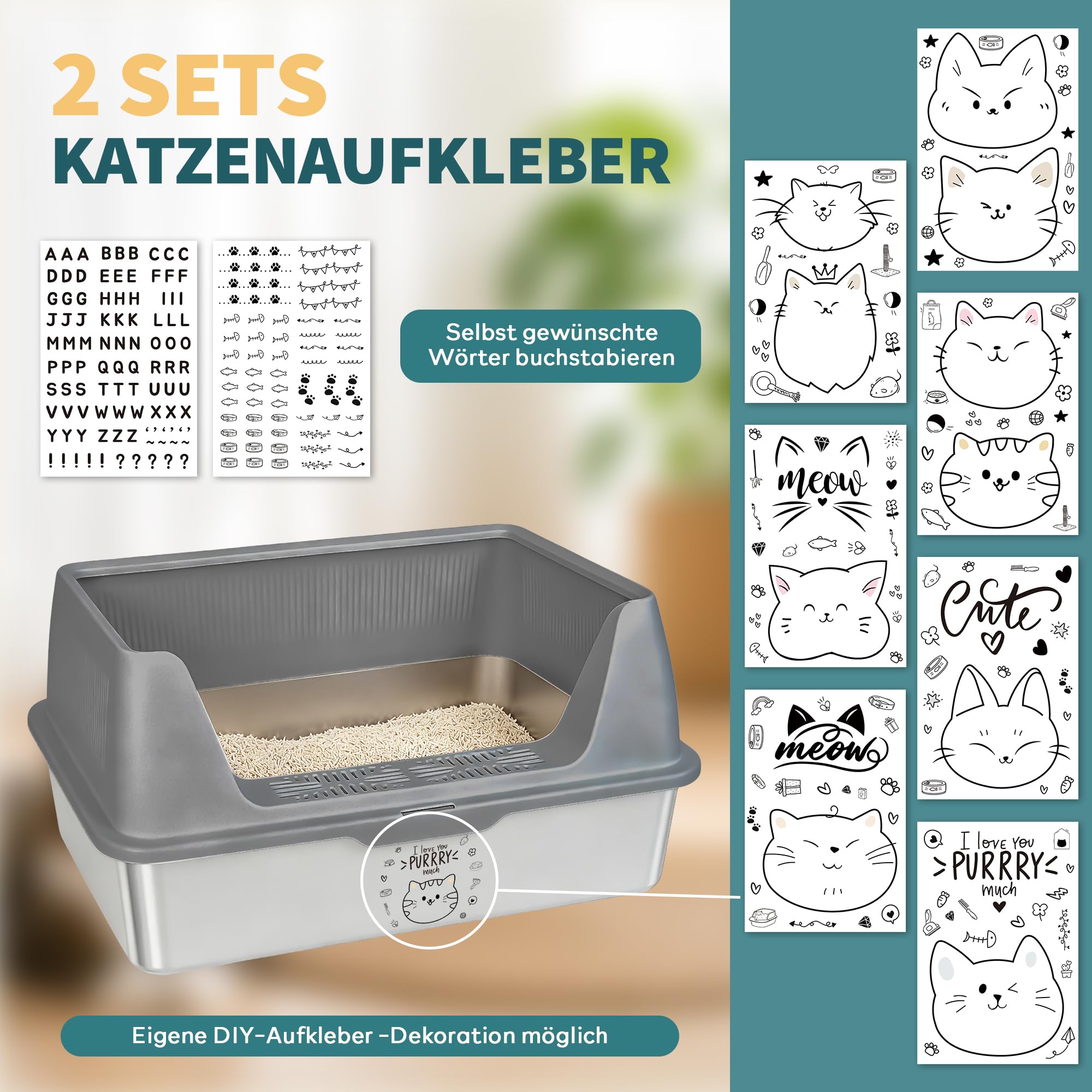 Katzenklo Edelstahl XXL mit Sieb, 60x40x30cm, mit DIY Aufklebern | 2 Pack Edelstahlwannen, Katzentoilette mit Deckel, 15cm hoher Rand, 30L Großkapazität, für Große Katzen & Mehrkatzenhaushalte