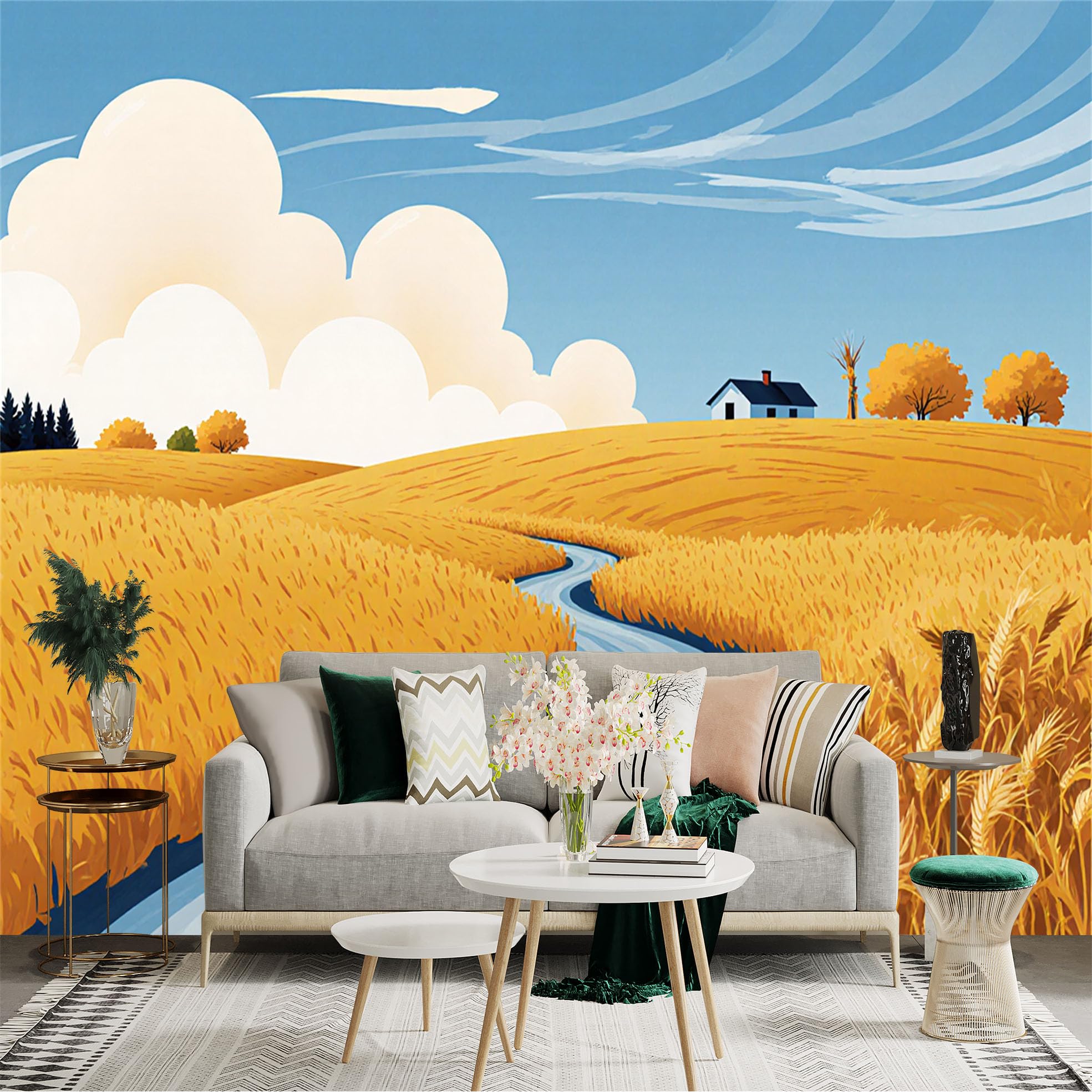 Custom Size Wall Sticker Mural， Golden Wheat Field， Winding River， Peaceful Farmhouse， Summer Countryside Scenery， for wall Decoration， peelandstick wall Decals.
