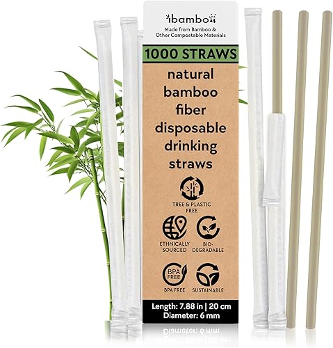 Ibambo Paquete de 1000 pajitas desechables de bambú (4 cajas de 250), pajitas compostables de 7.88 pulgadas, hechas de fibra de bambú para bebidas